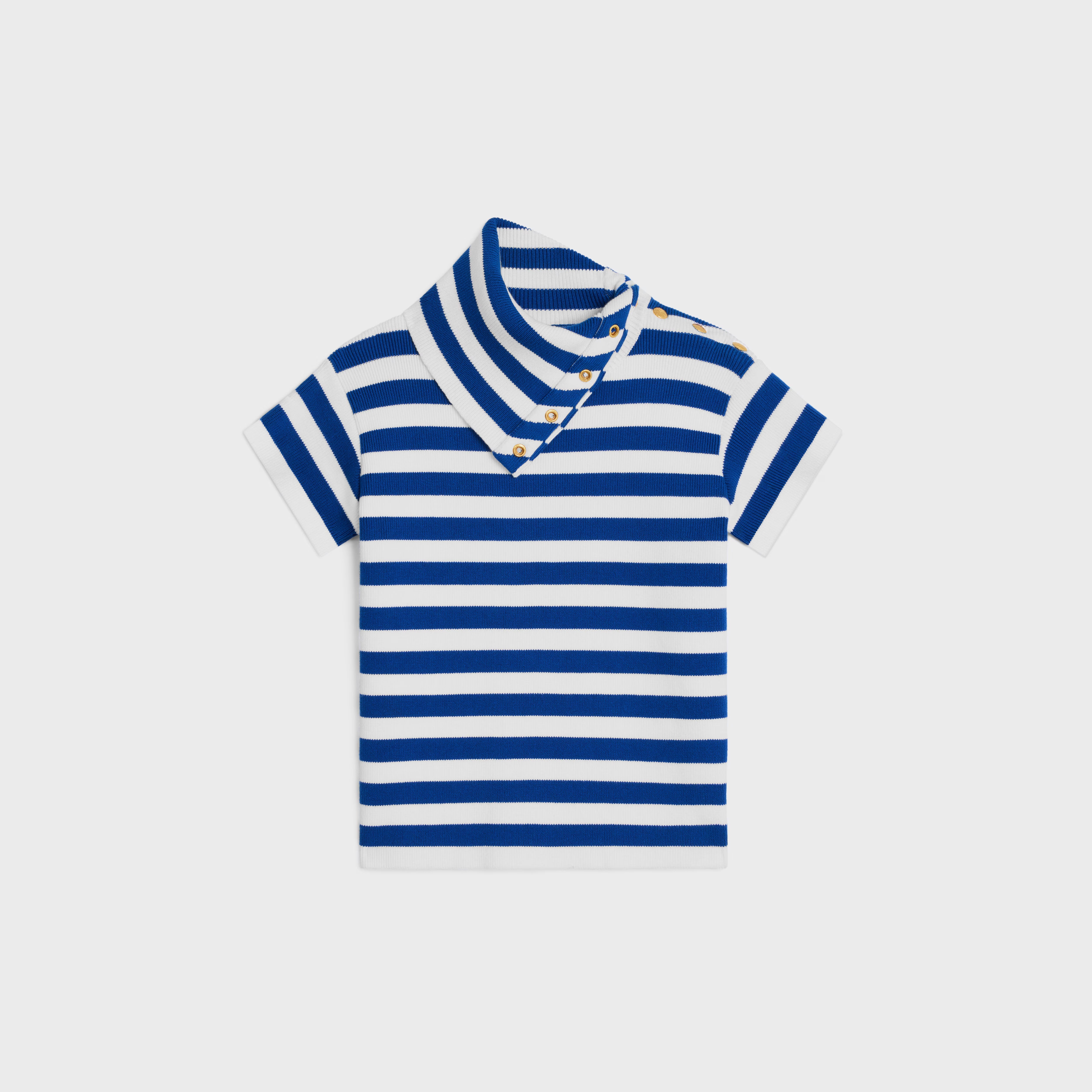 Striped Ribbed Cotton T-shirt — Blue
