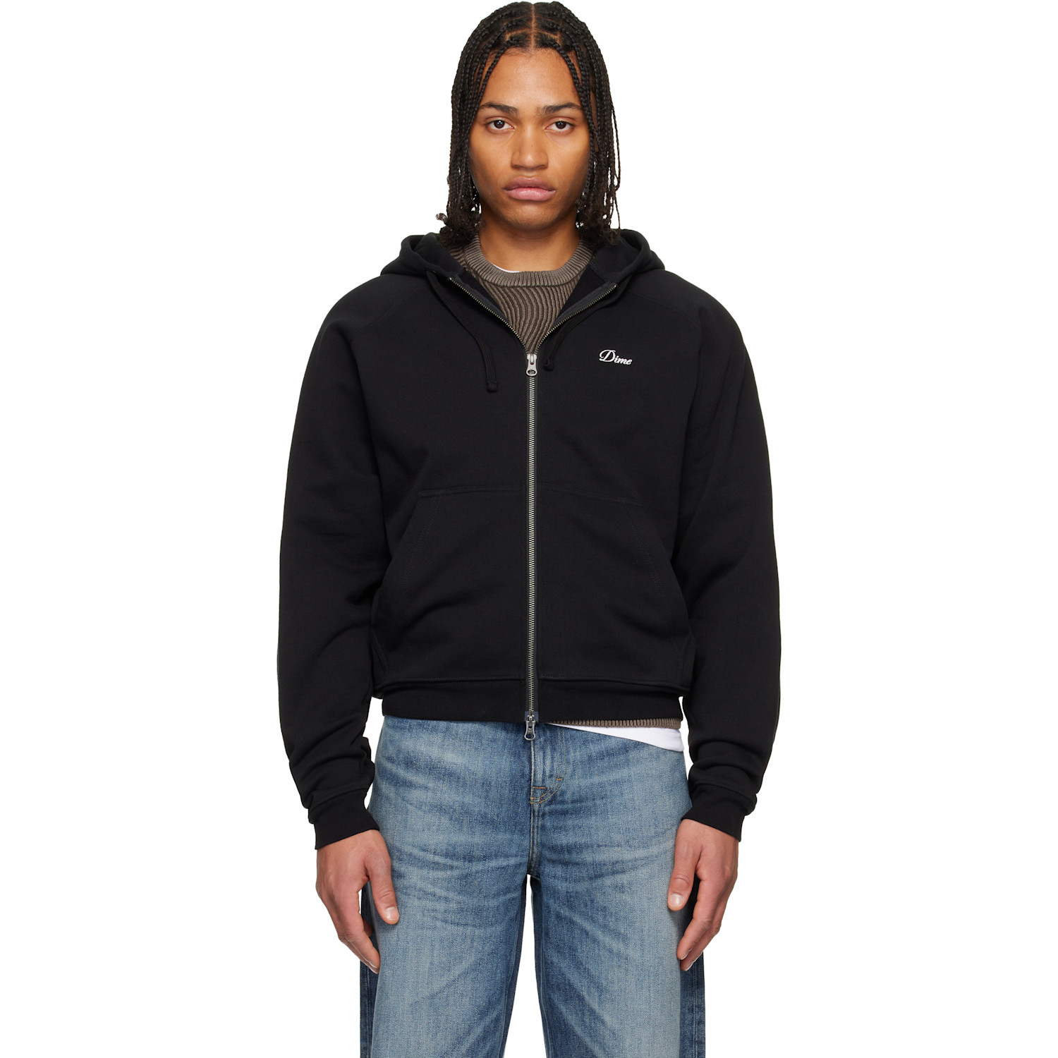 Black Cursive Small Logo Zip Hoodie