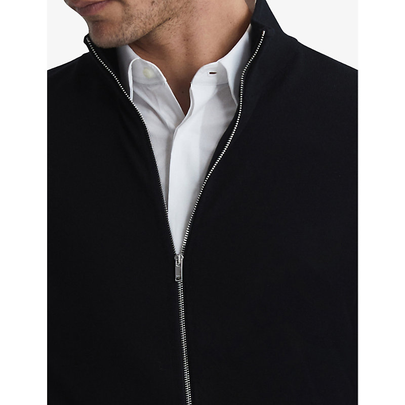 Mens Black Hampshire Funnel-neck Zip-through Merino-wool Cardigan