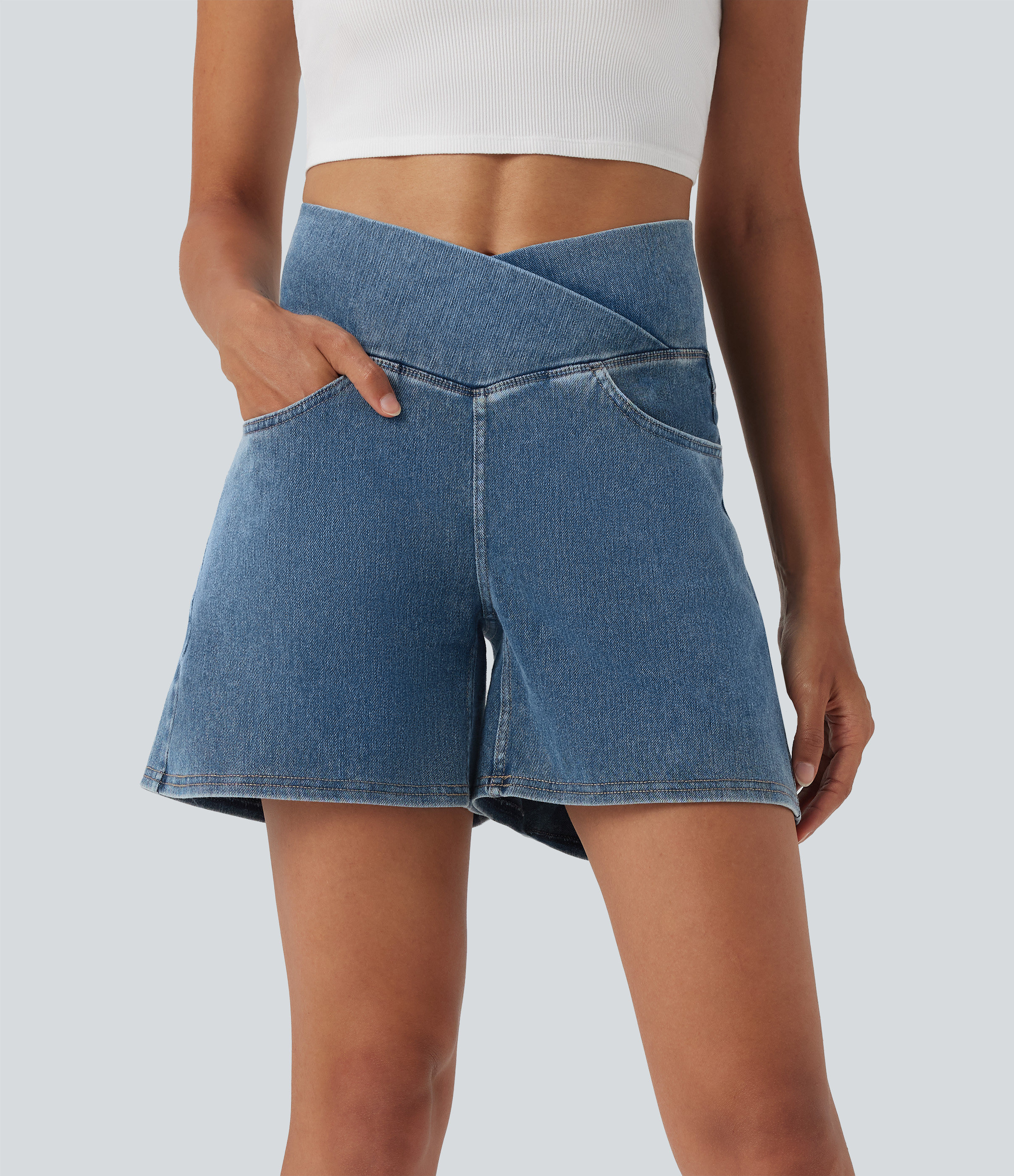 Halara Halara Flex™ Crossover High Waisted Pockets Wide Leg A Line Washed Denim Casual Shorts - Blue Surf Denim - XLregular