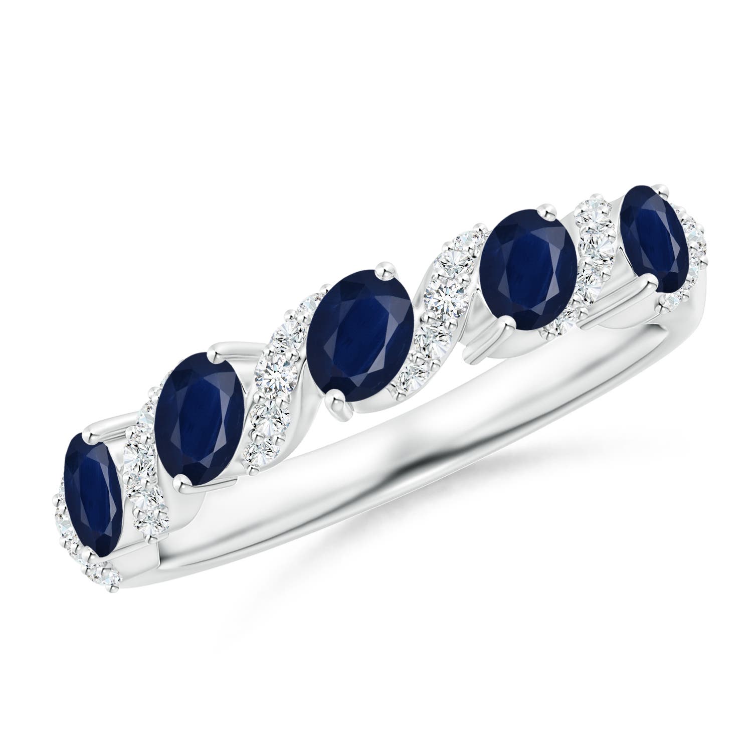 Angara 1.0 Carat Five Stone Oval Sapphire Swirl Ring with Diamonds in 14K White Gold