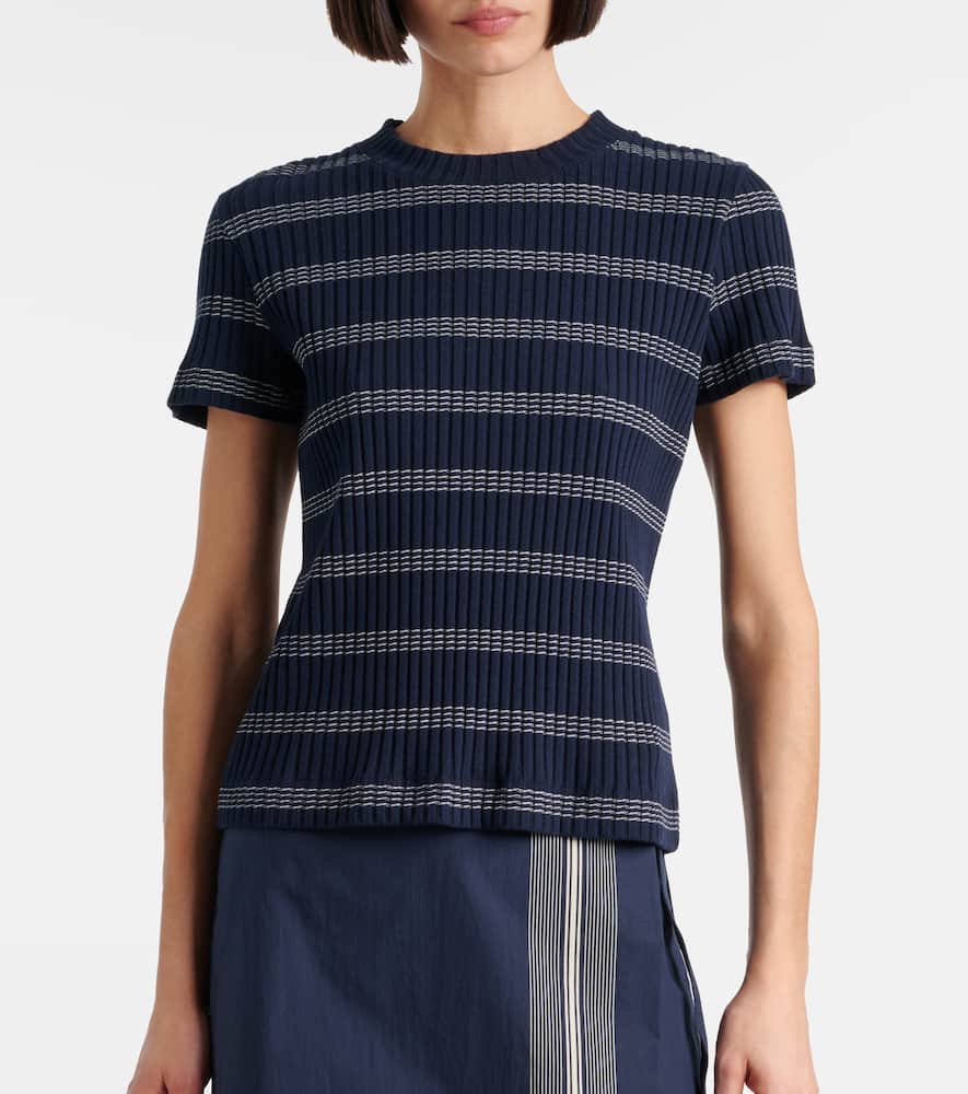 Ribbed-knit striped cotton-blend T-shirt