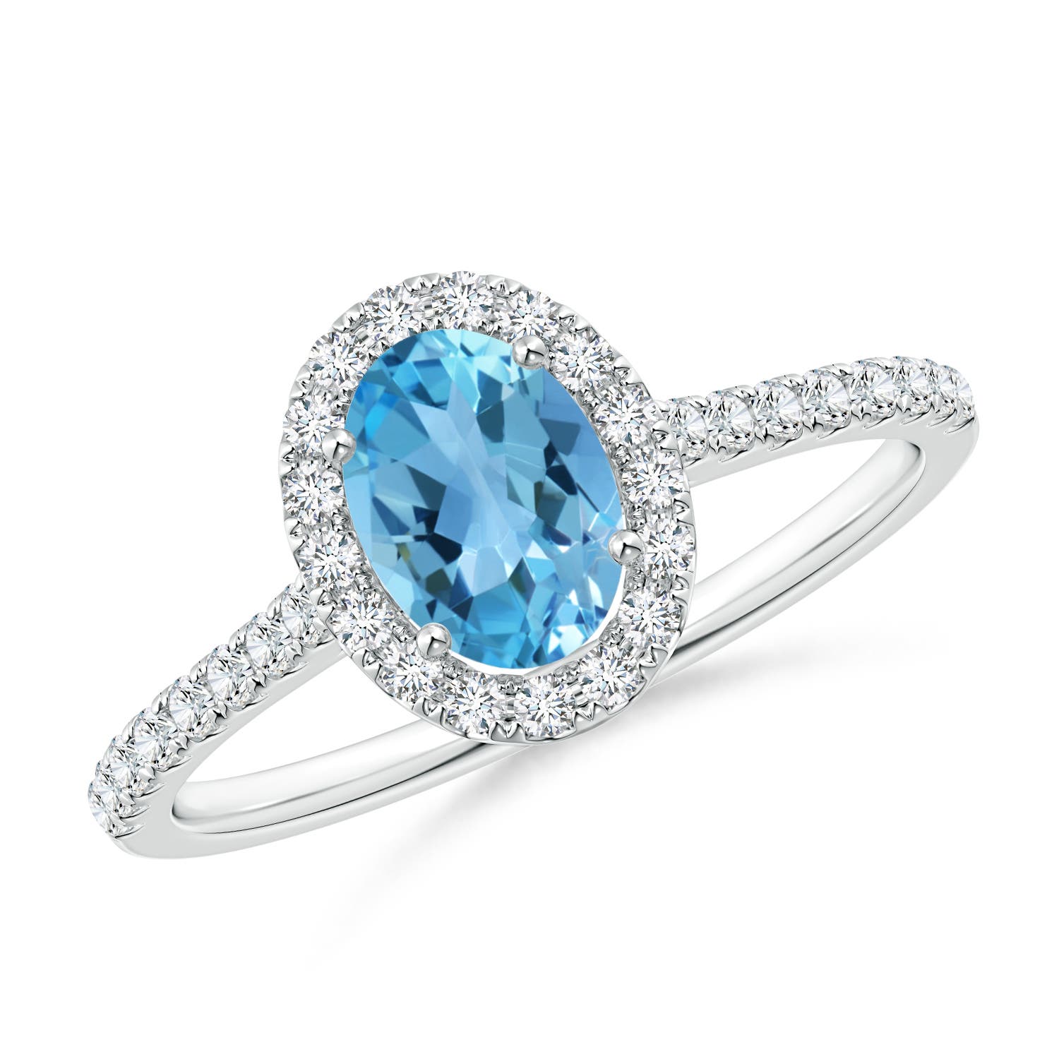 Angara 0.95 Carat Prong-Set Oval Swiss Blue Topaz Halo Ring with Diamond Accents in Platinum