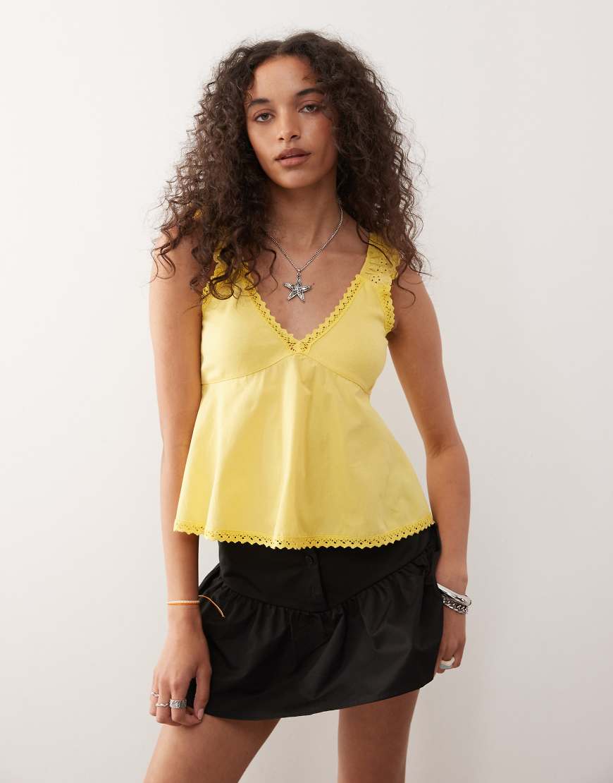 Babydoll poplin cami with broderie and lace trims in yellow
