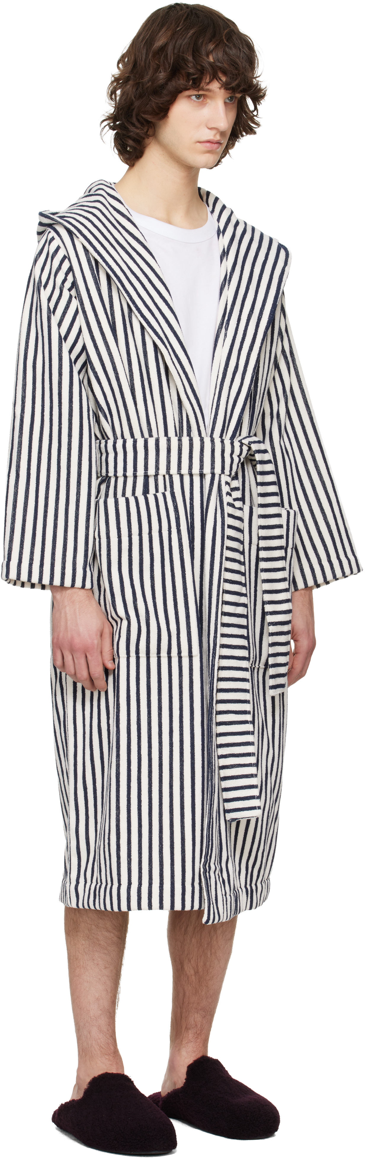Off-White & Navy Terry Hooded Bathrobe