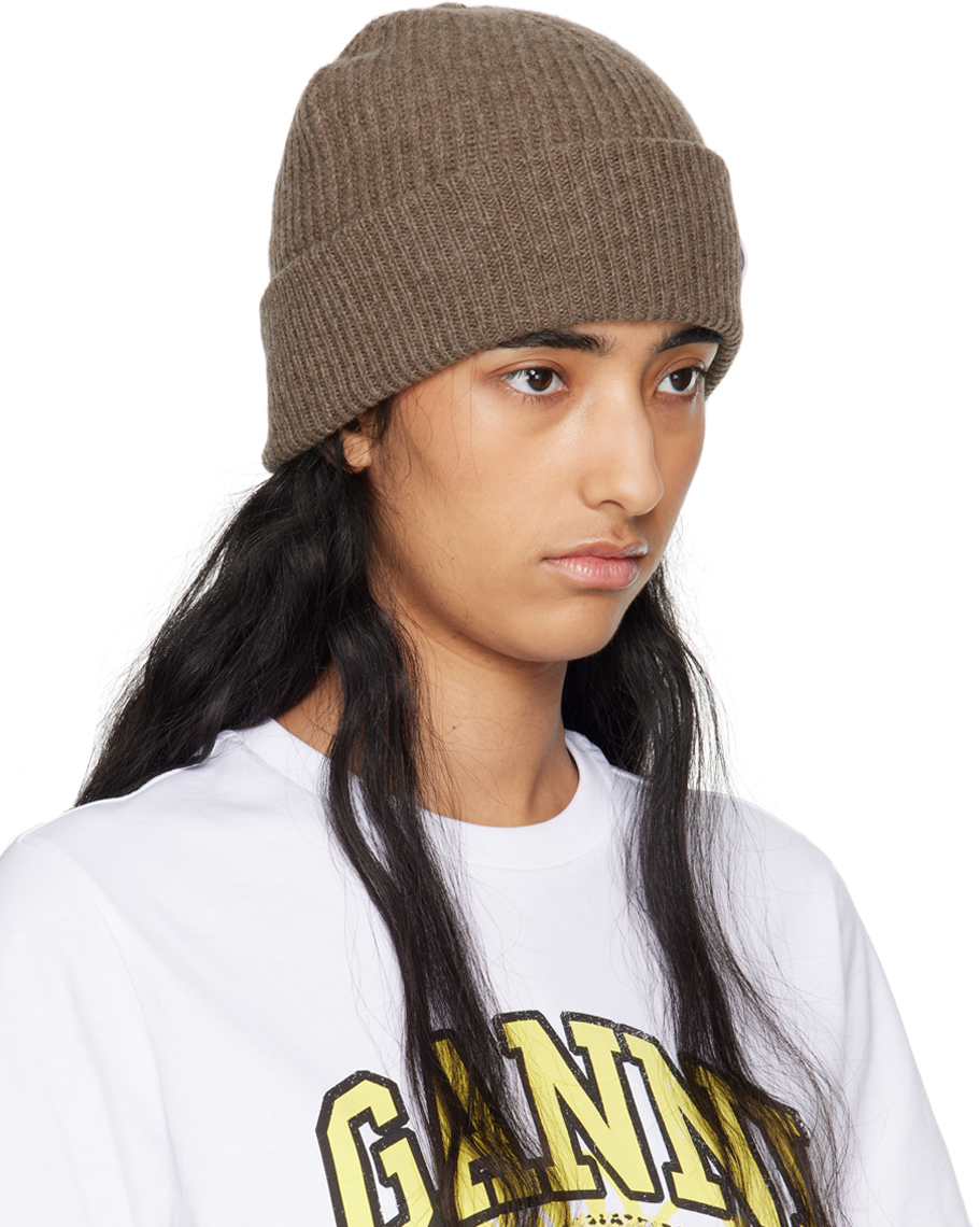 GANNI Taupe Fitted Wool Rib Knit Beanie