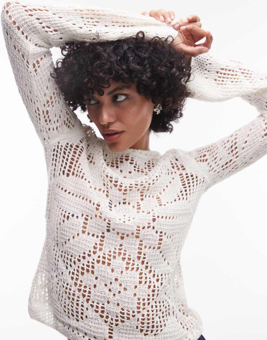 Knitted slash neck lace long sleeve top in ivory-White