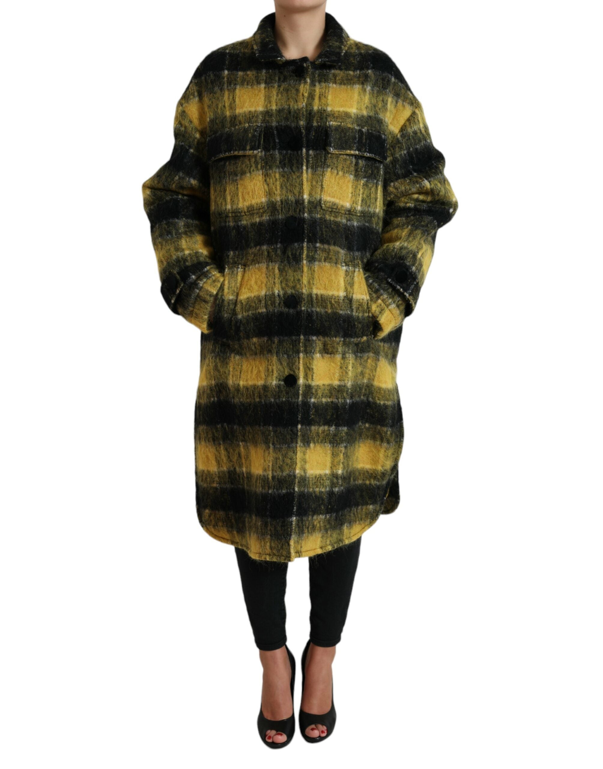 Plaid Wool Blend Coat — Yellow