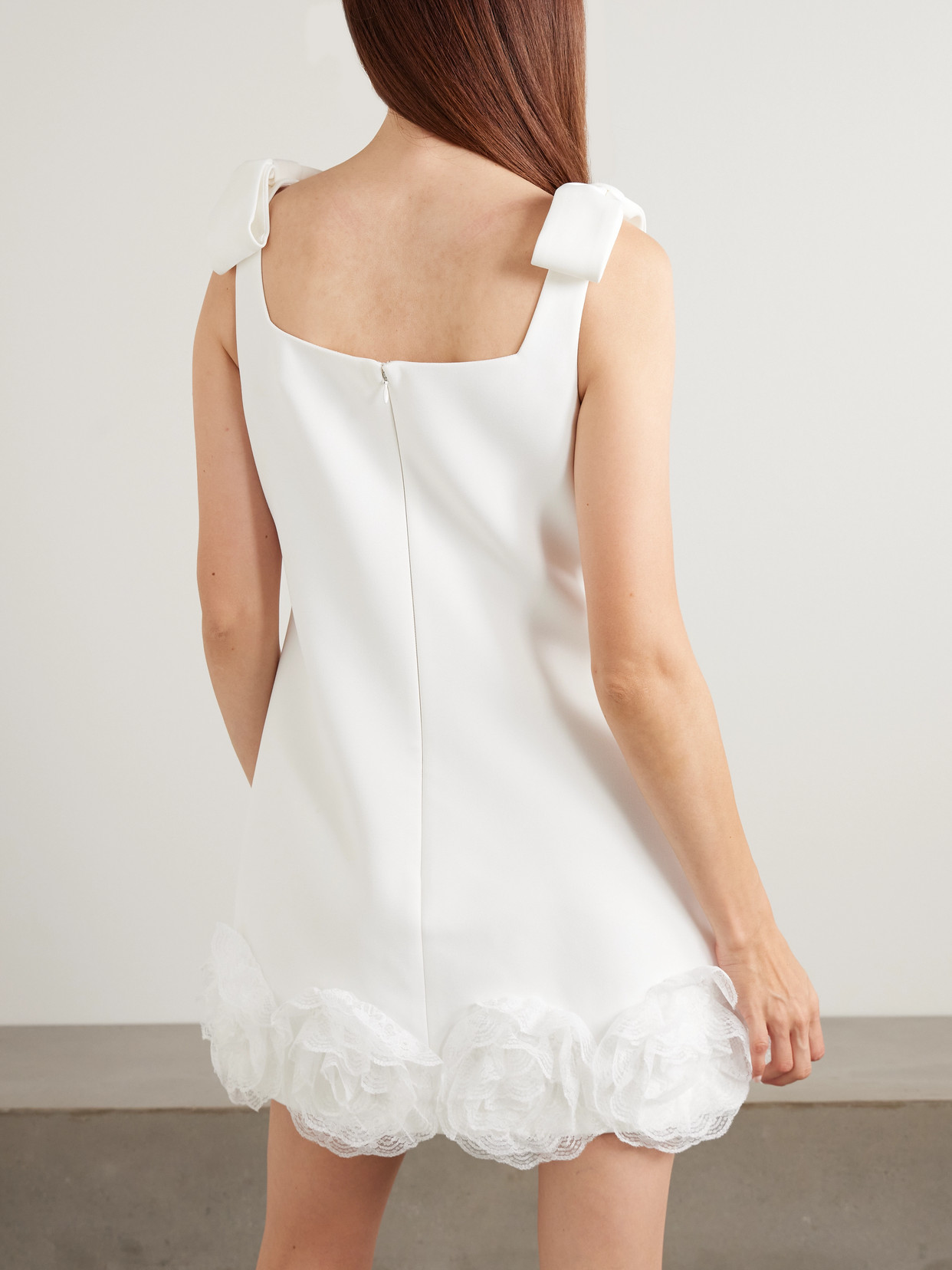 Bow-detailed Lace-trimmed Crepe Mini Dress - White