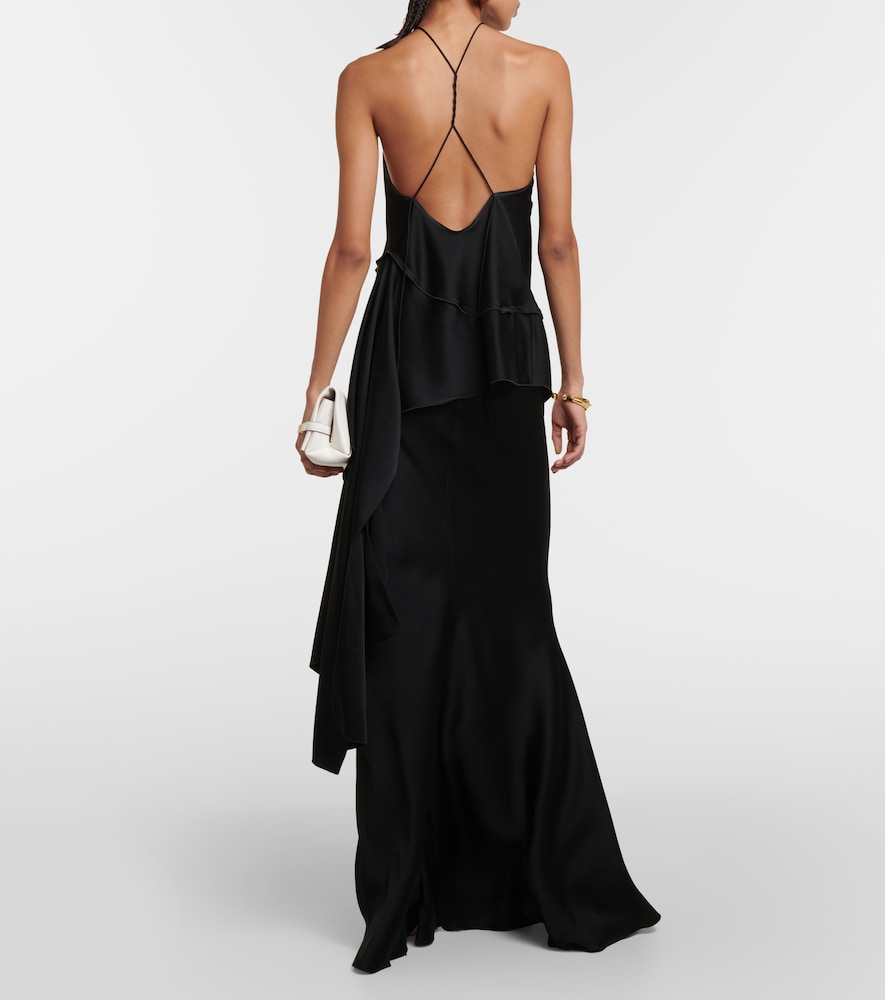 Floral-appliqué draped satin top