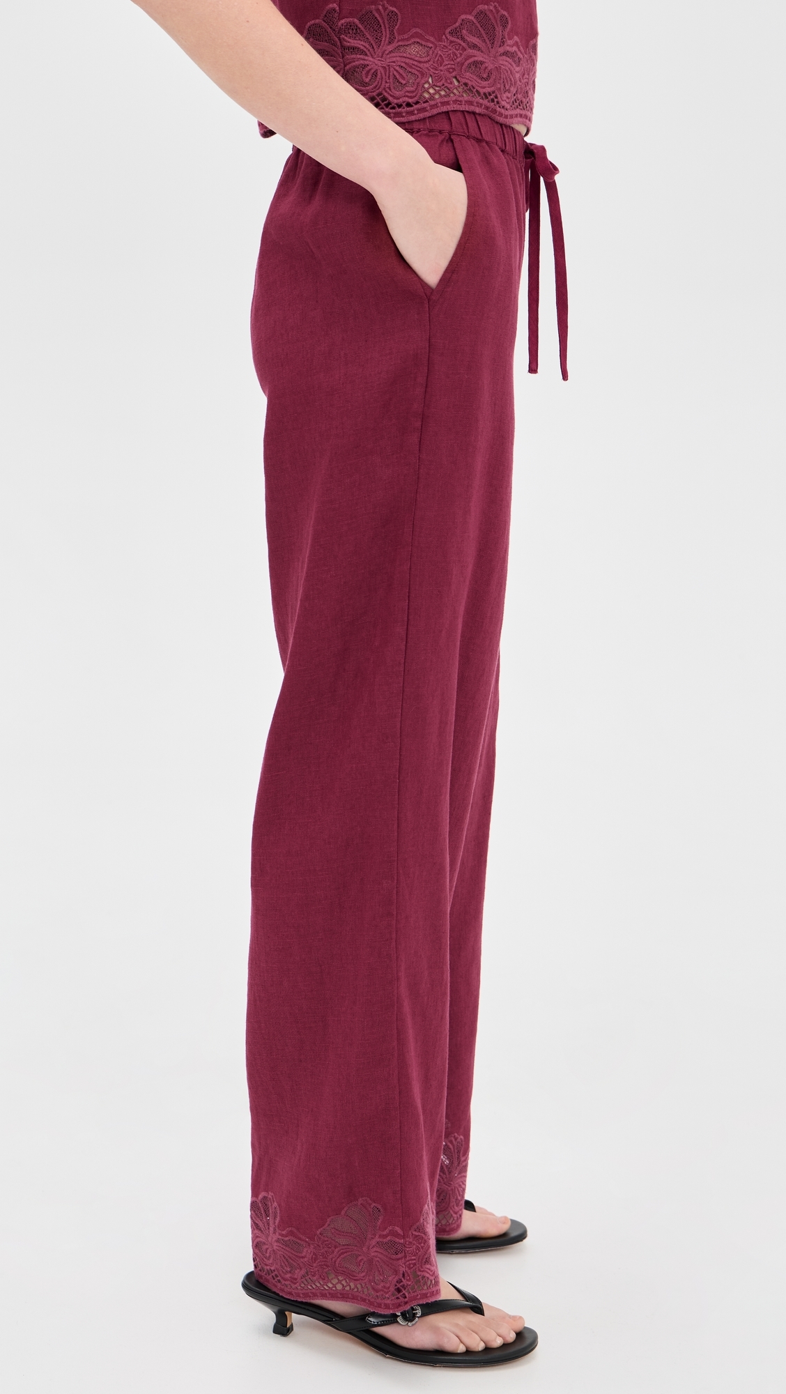 Emmie Linen Pants Berry Hibiscus Embroidery