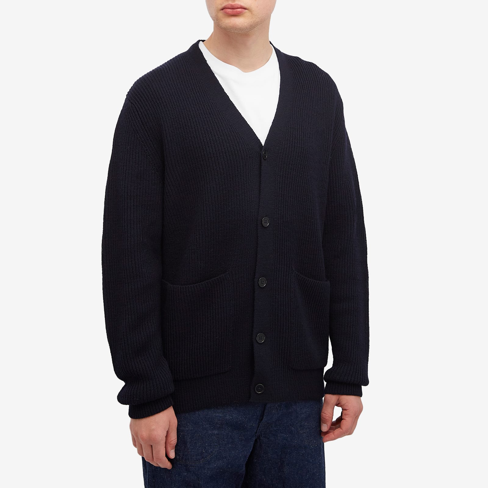 Men's Loki Wool Rib Knit Cardigan in Dark Navy
