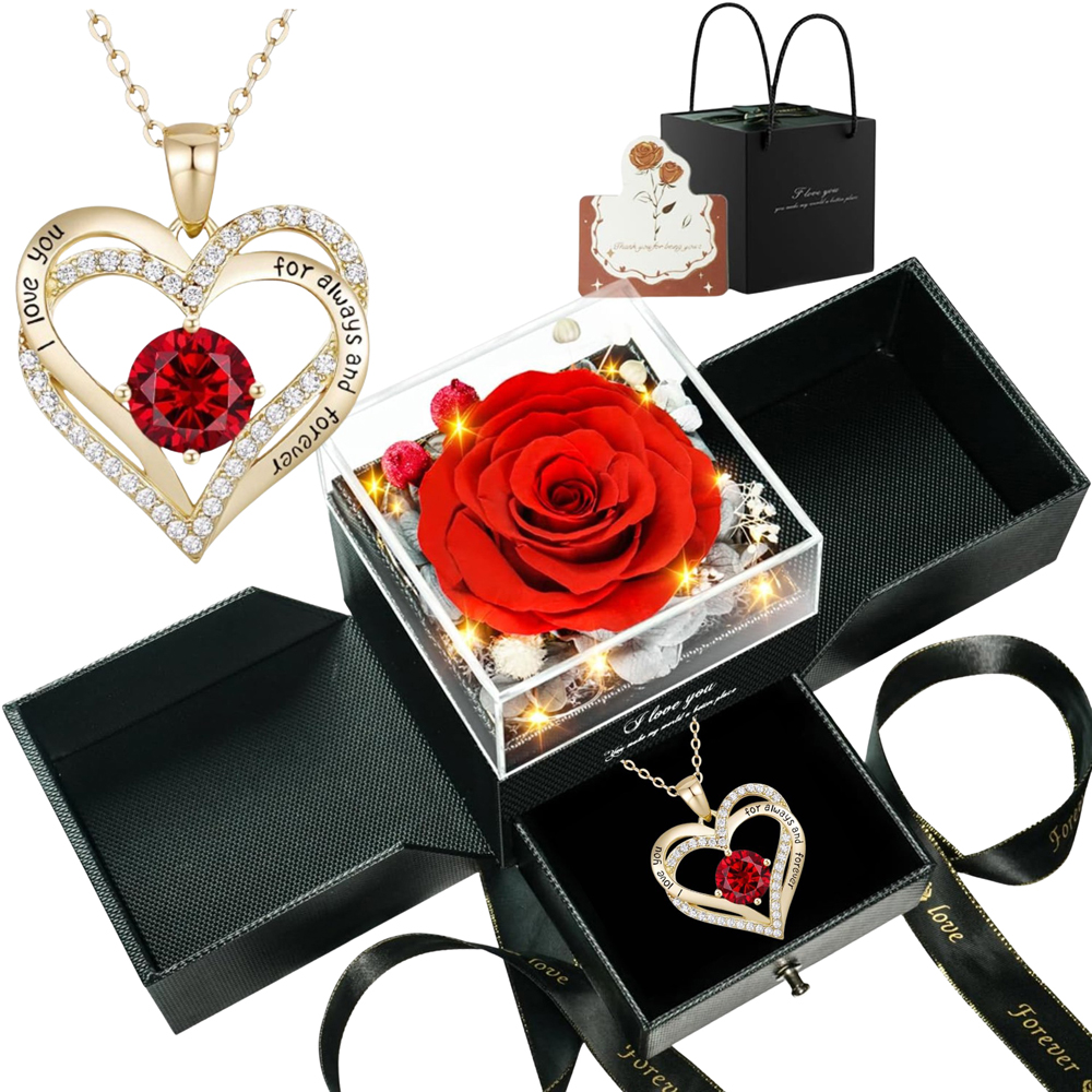 Preserved Red Rose With Led Lights And 14k Gold Plated Double Heart Ruby Necklace