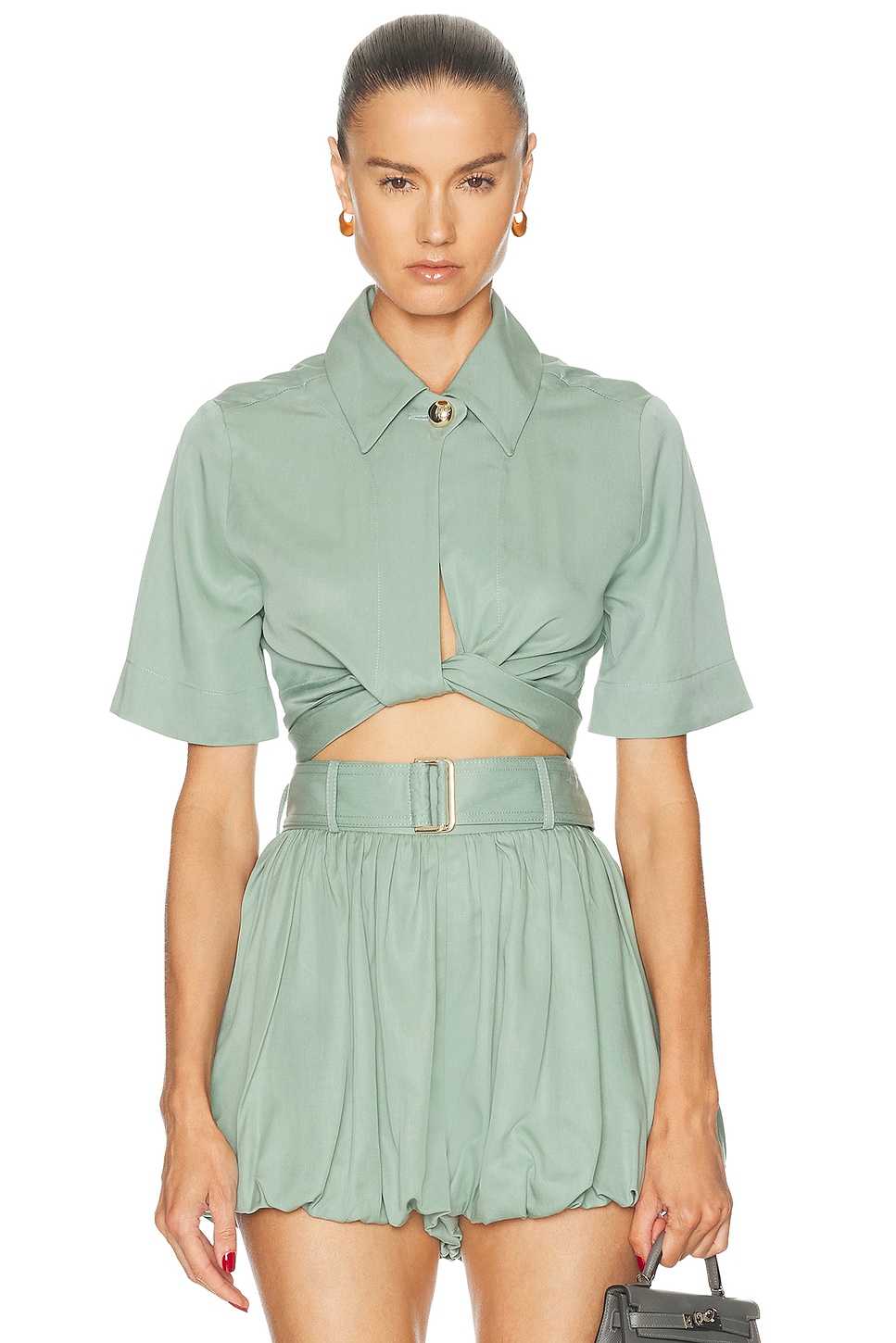 MATTHEW BRUCH Collared Wrap Top in Dusty Teal - Teal. 2 also , 4