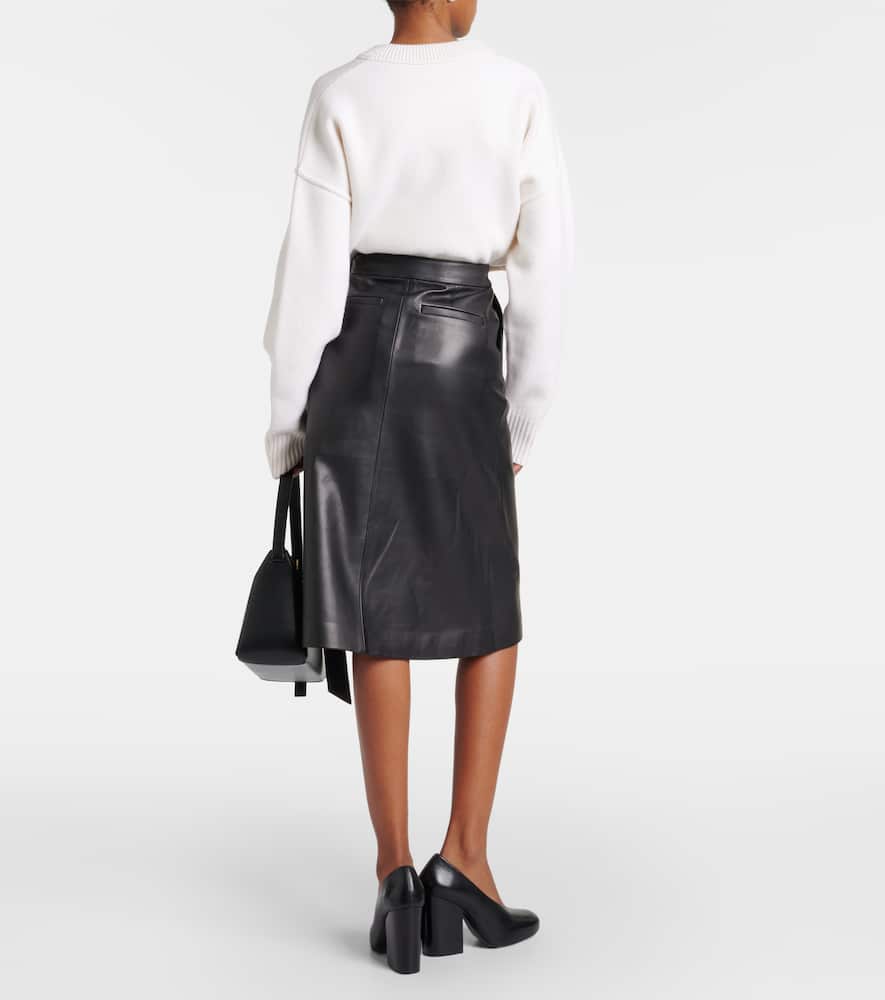 Wrap leather midi skirt