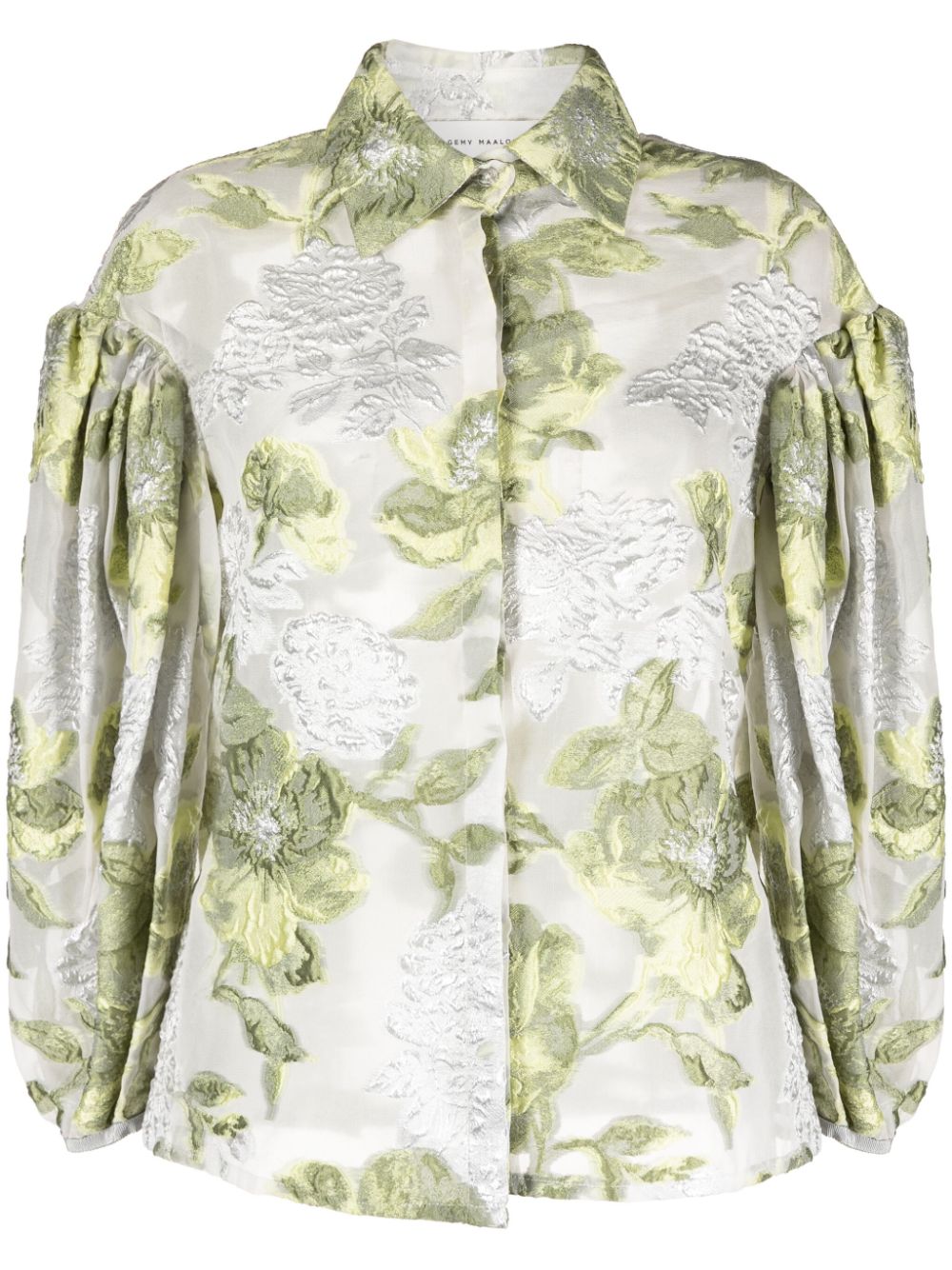 Floral-jacquard puff-sleeve organza blouse - Green