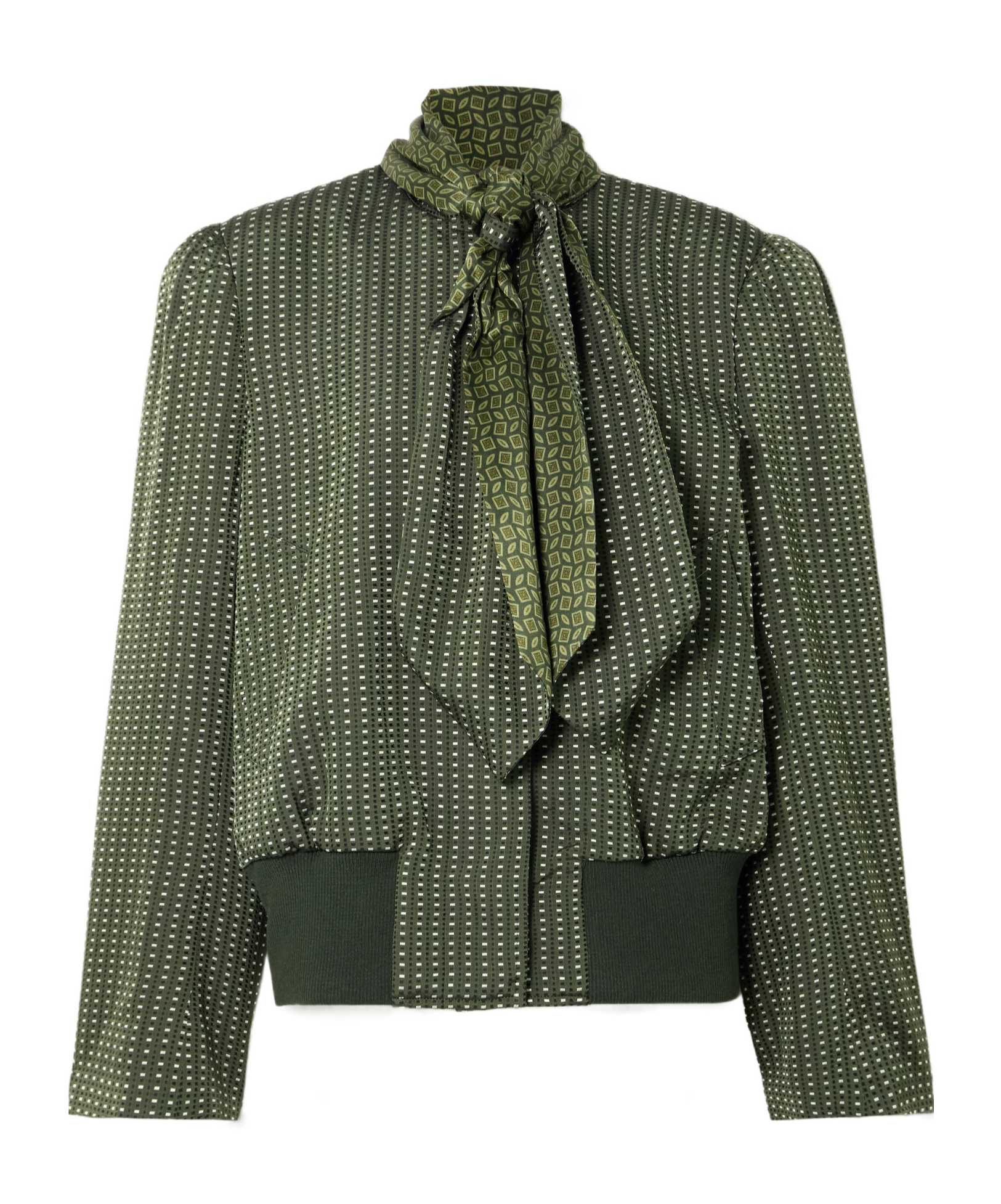Tie-neck printed satin-trimmed twill bomber jacket