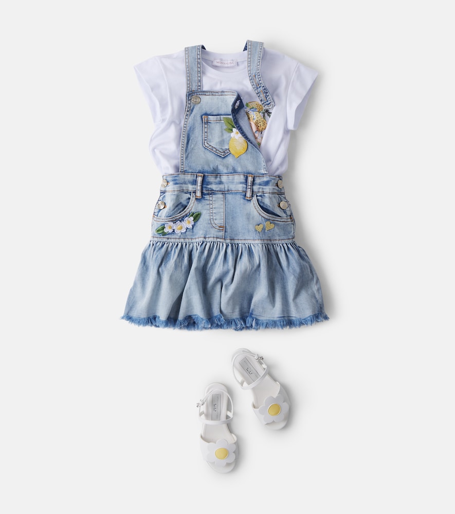 Embellished embroidered denim overalls