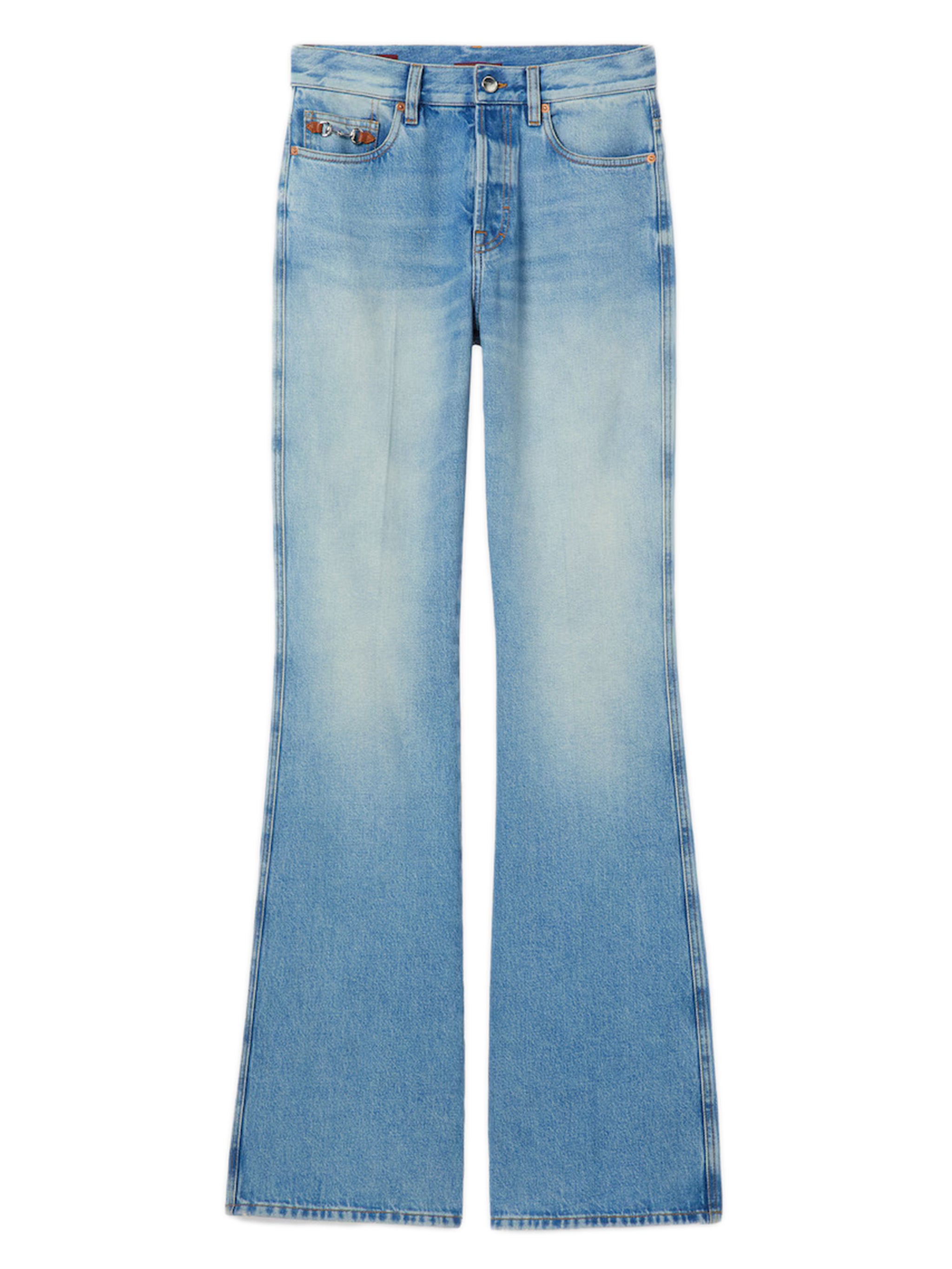 ? Certified Stone-Washed Cotton Denim Flared Jeans with Leather-Trim Hook