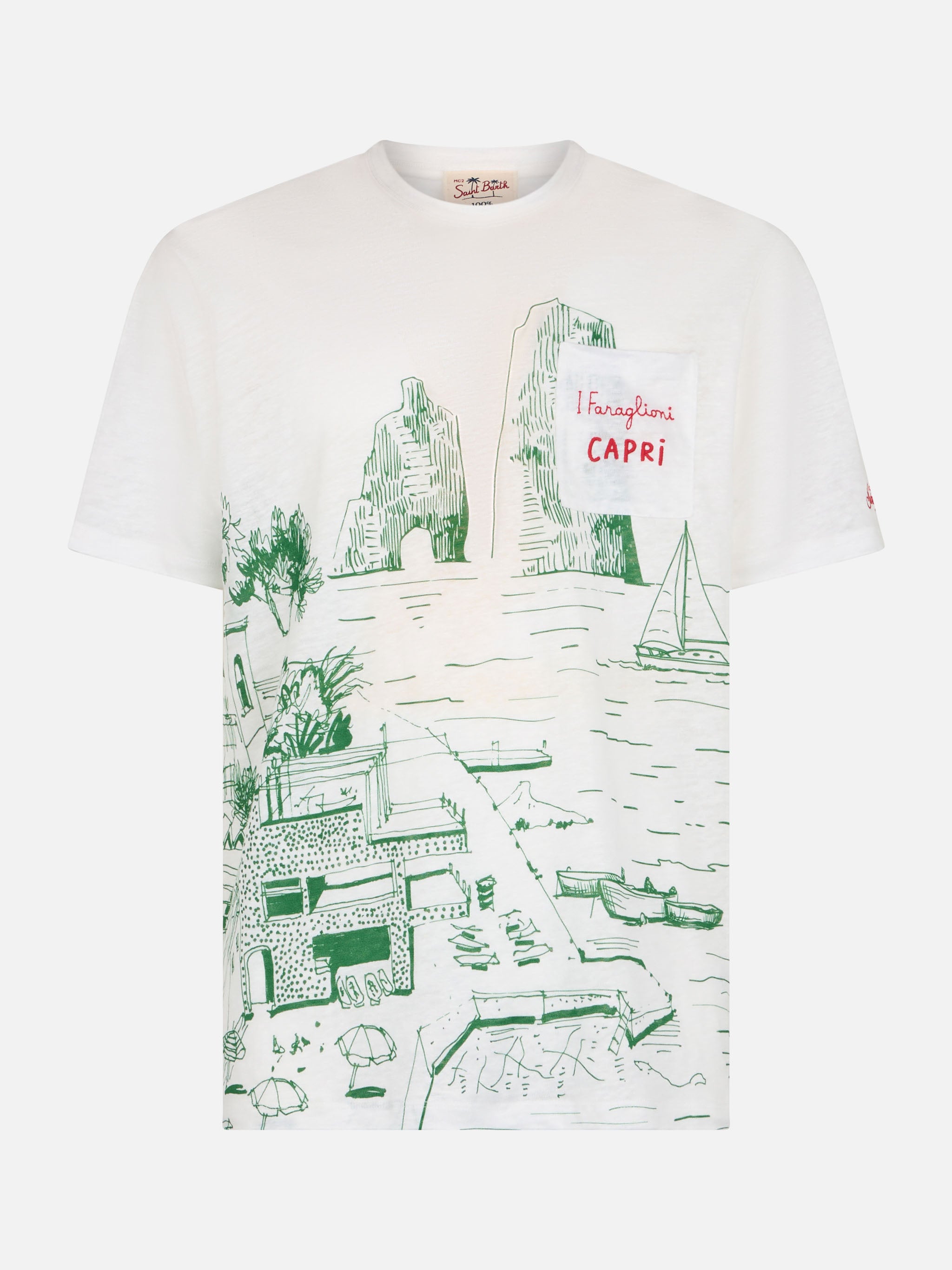 Man Linen Jersey T-Shirt Ecstasea With Capri Placed Print And Embroidered Pocket White - Men