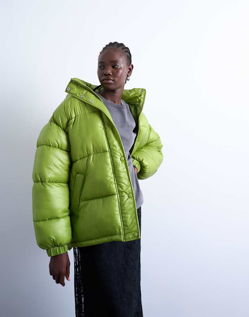 High shine ripstop puffer jacket in bright green