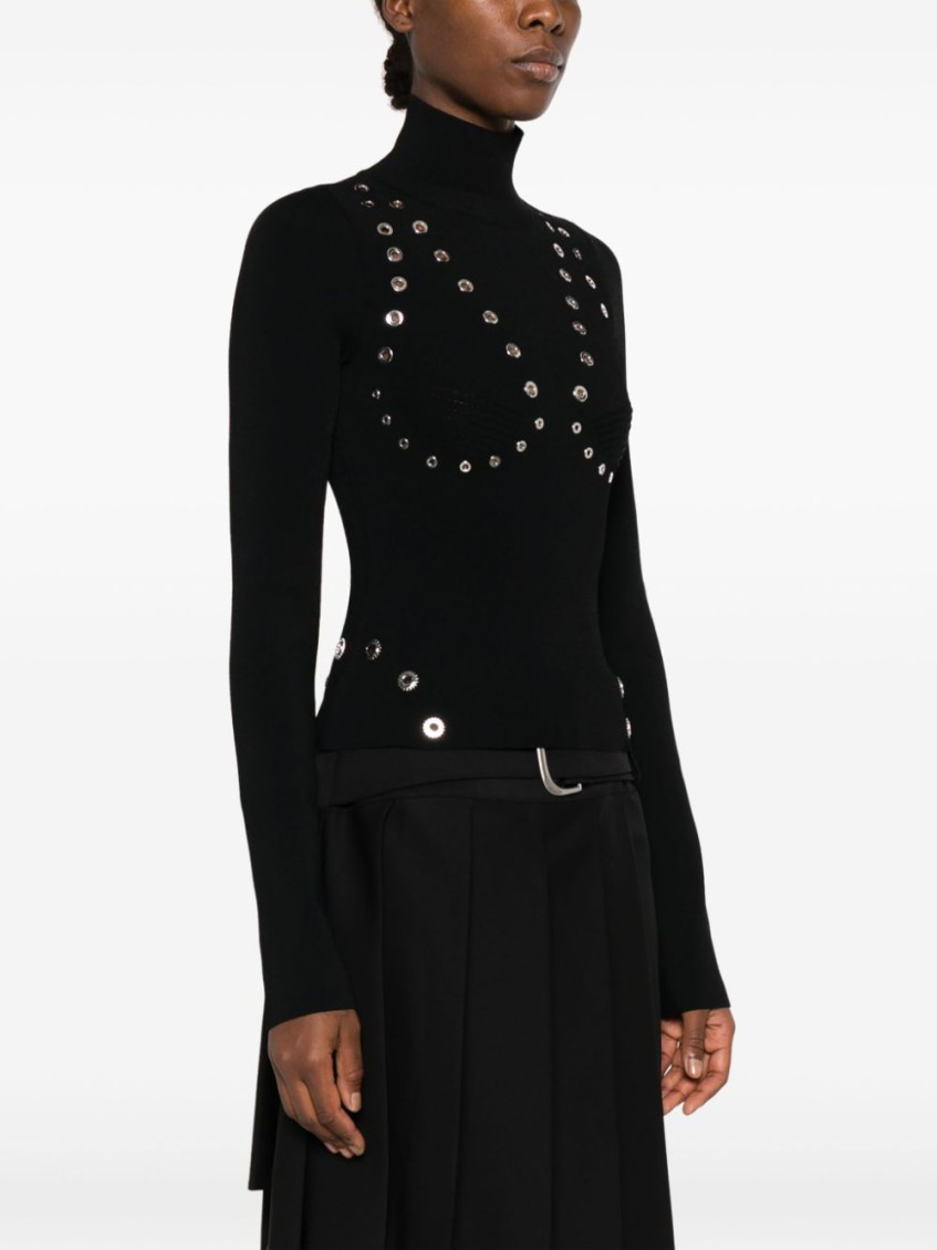 Eyelet-embellished knitted top - BLACK NO COLOR