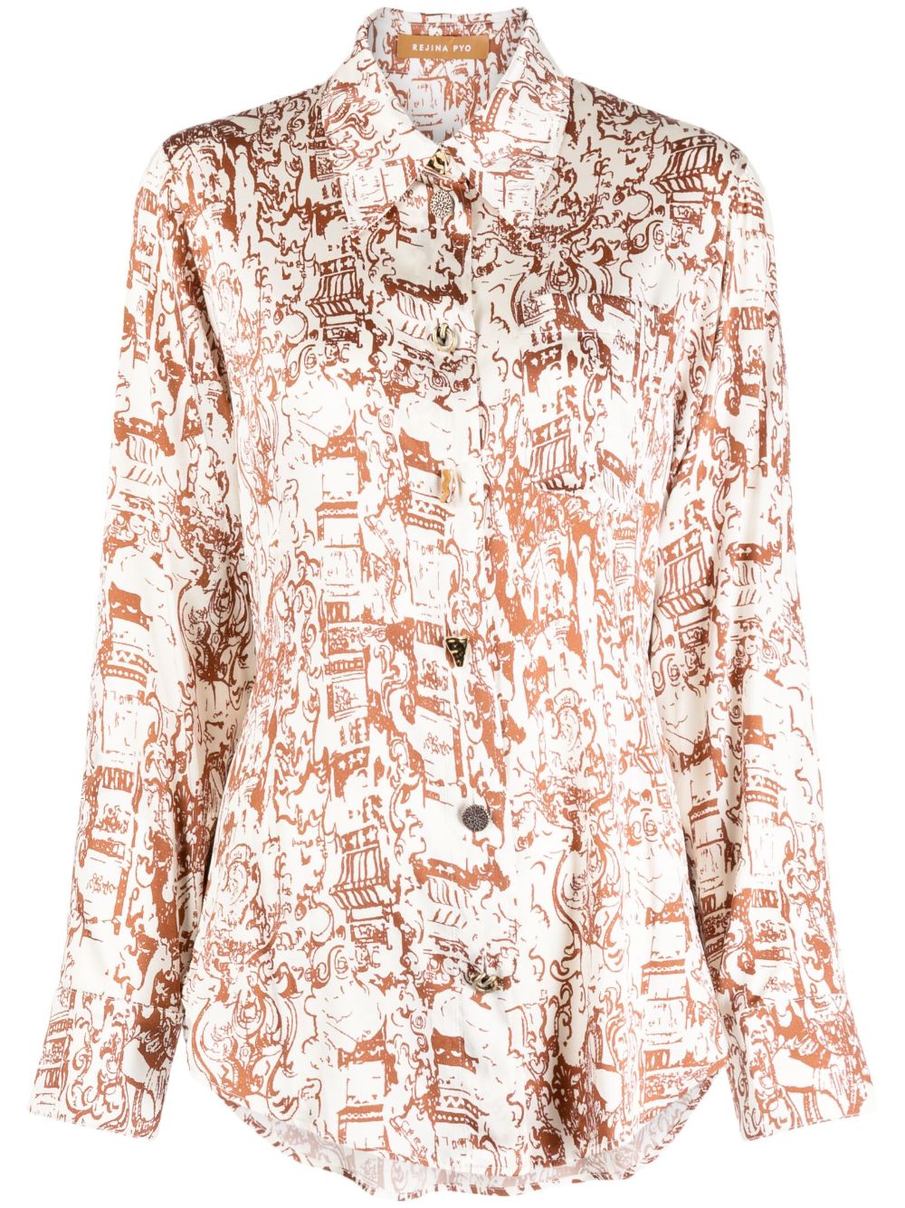 Graphic-print long-sleeve blouse - Neutrals
