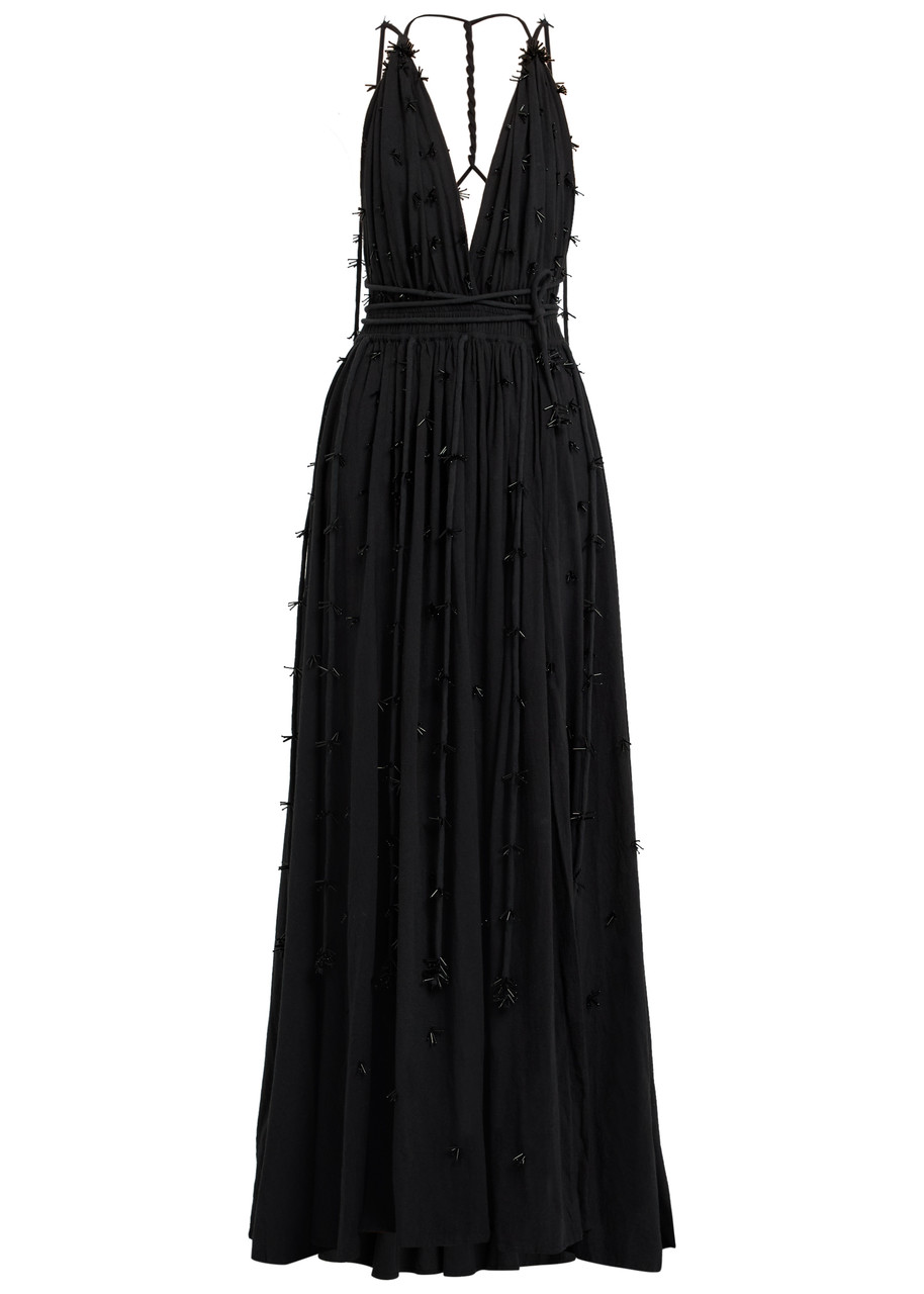 Bead Embellished Halterneck Cotton Maxi Dress