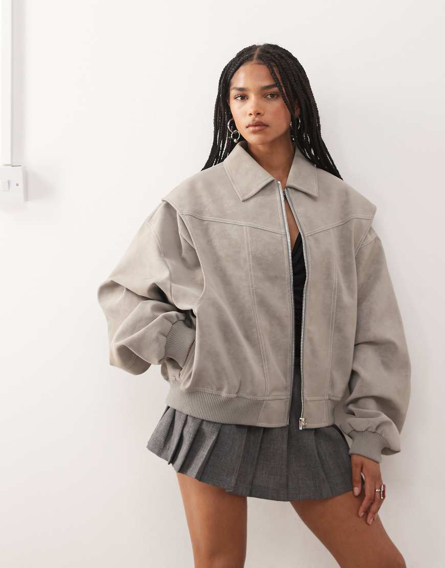 Exclusive Vista leather look contrast stitch bomber jacket in taupe-Grey