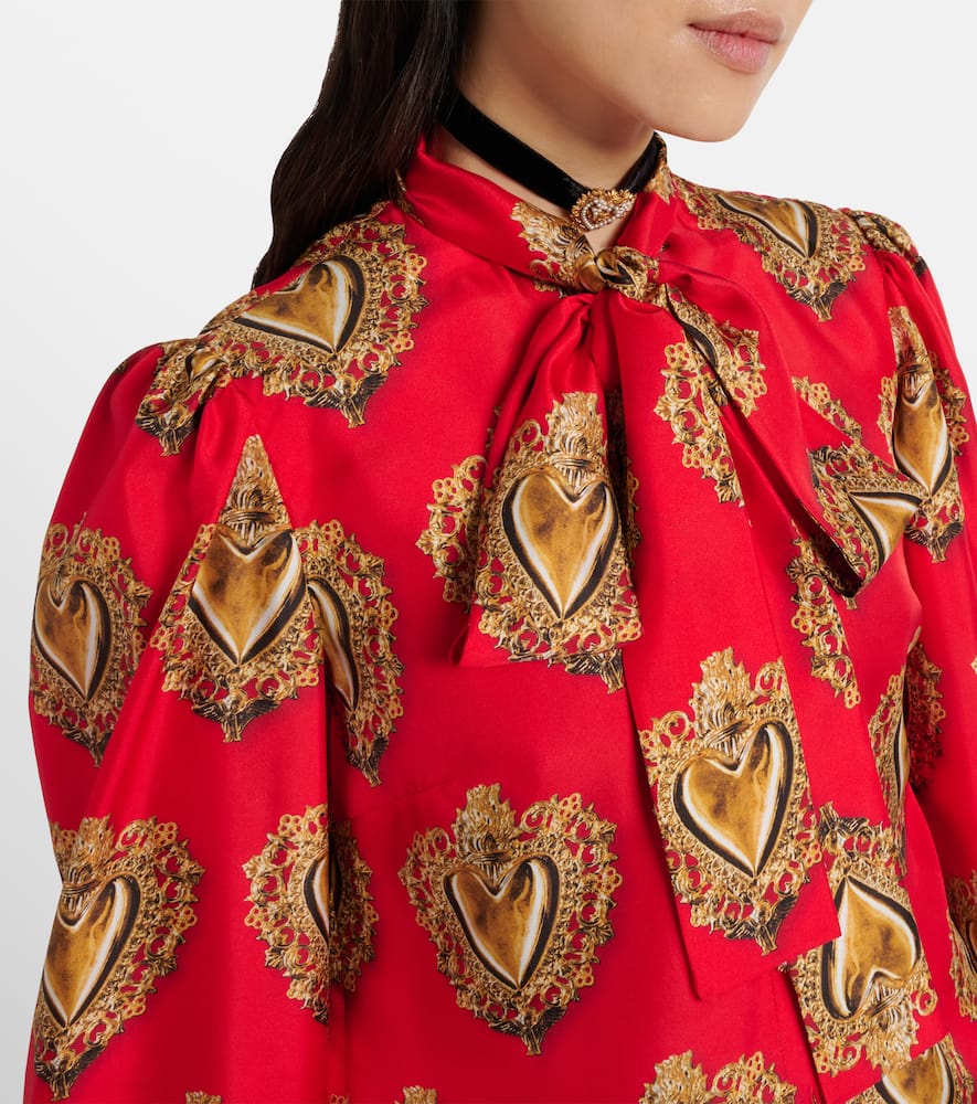 Printed tie-neck silk blouse