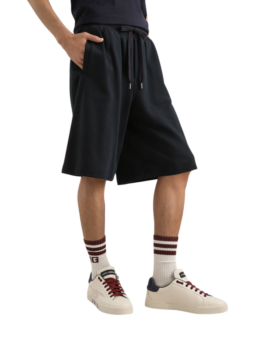 Blue Bermuda Shorts With Elasticated Waist And Logo On The Back In Cotton Man
