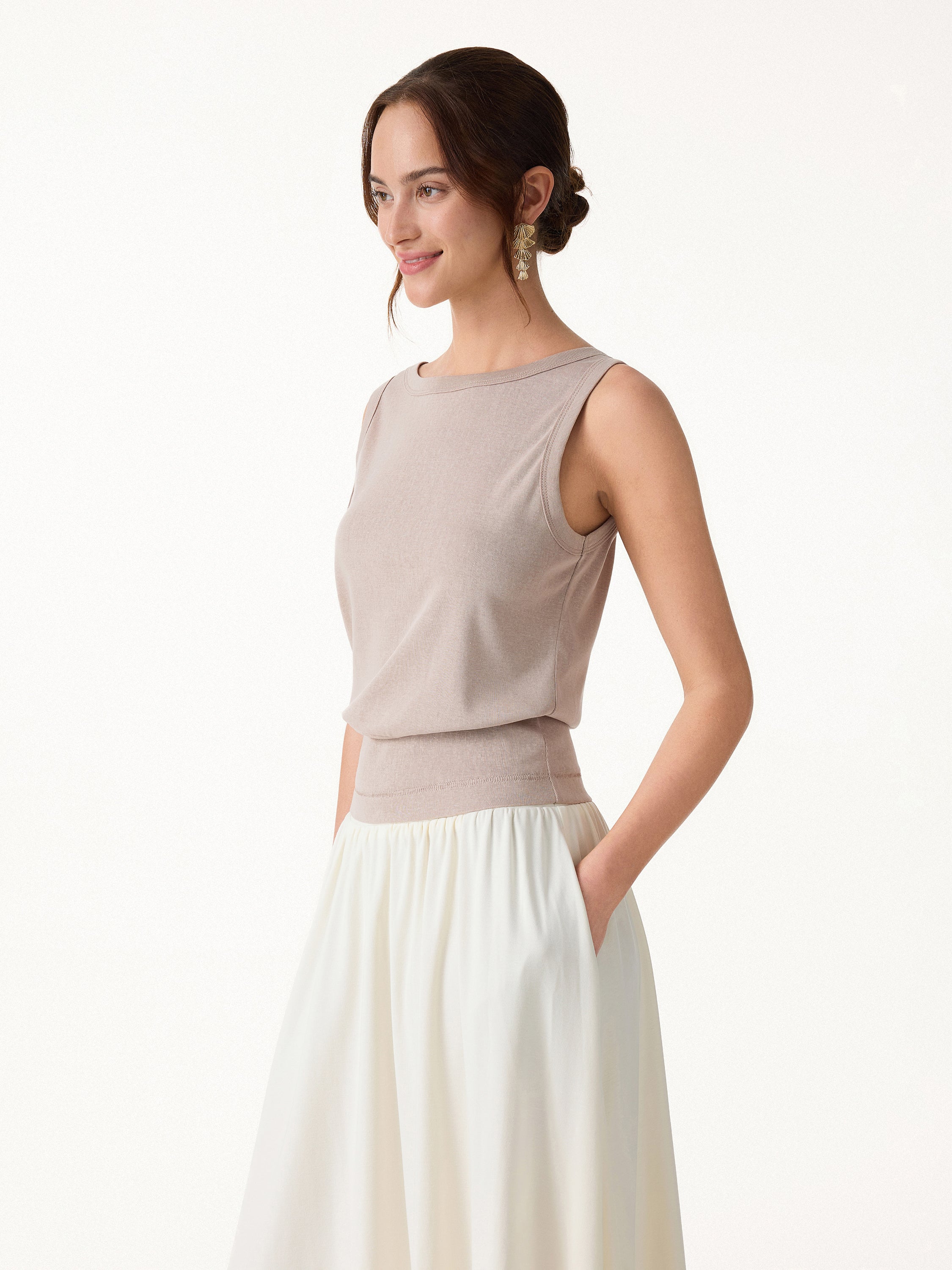 Cotton-Linen Blend Reversible Boatneck Low Back Top - Natural Calico Beige