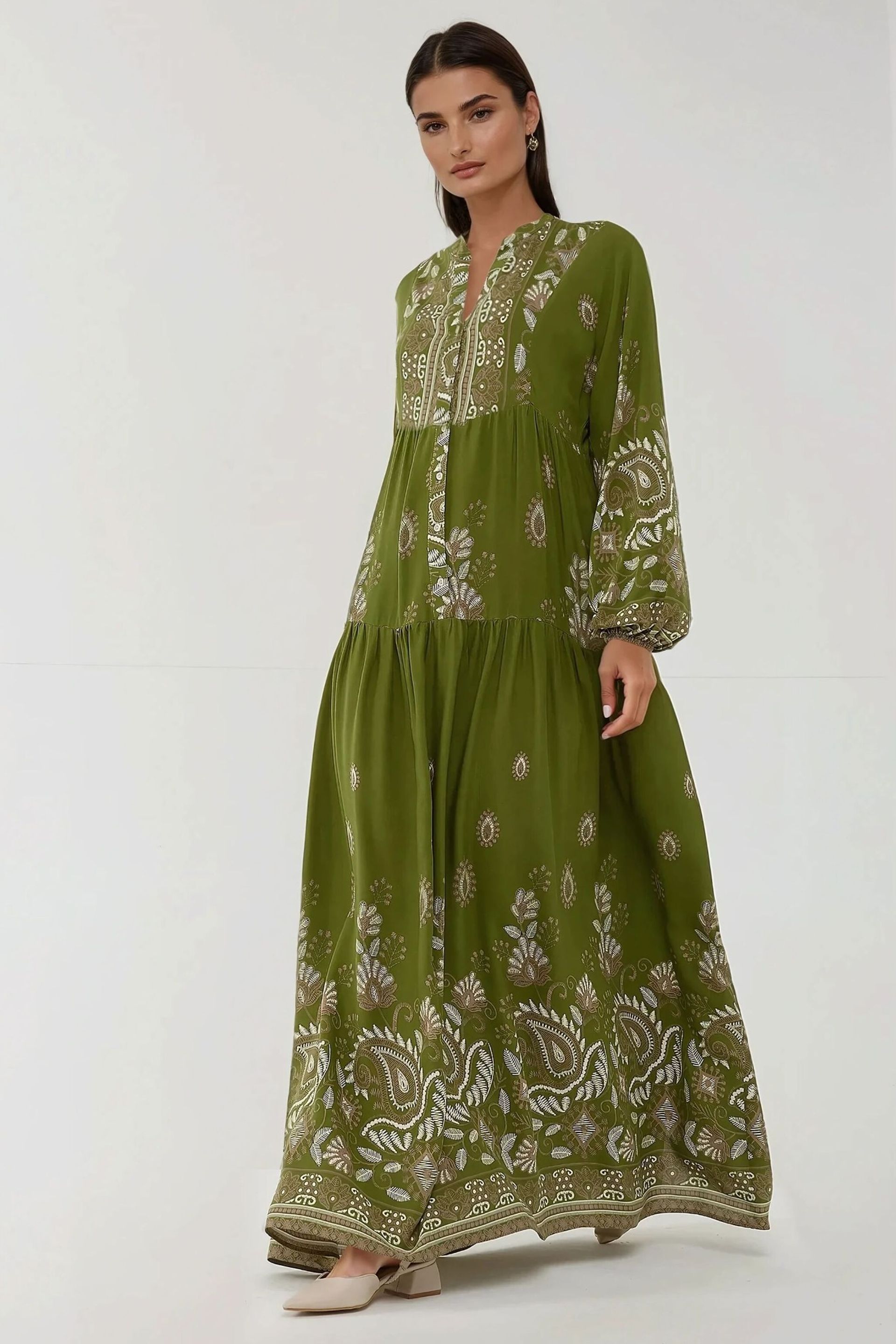 Khaki Green Printed Long Sleeve Viscose Maxi Dress Women