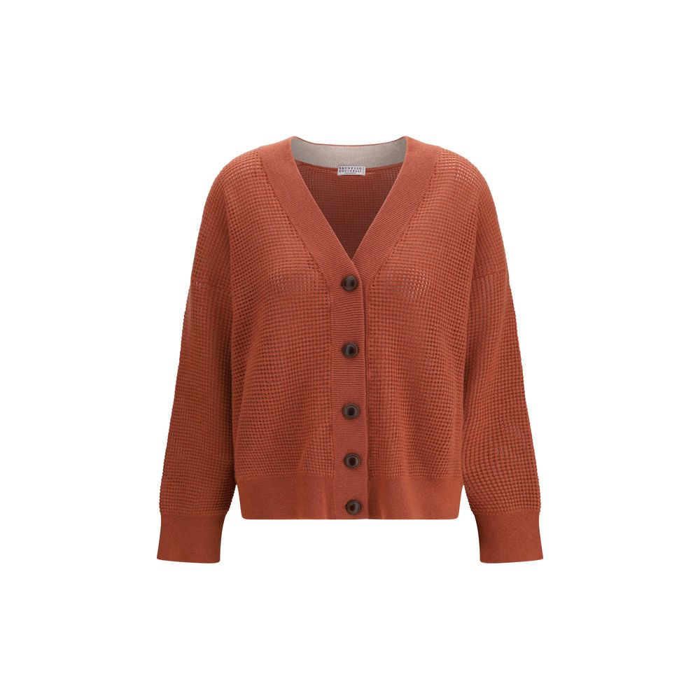 Cashmere Mesh-Knit Cardigan — Orange
