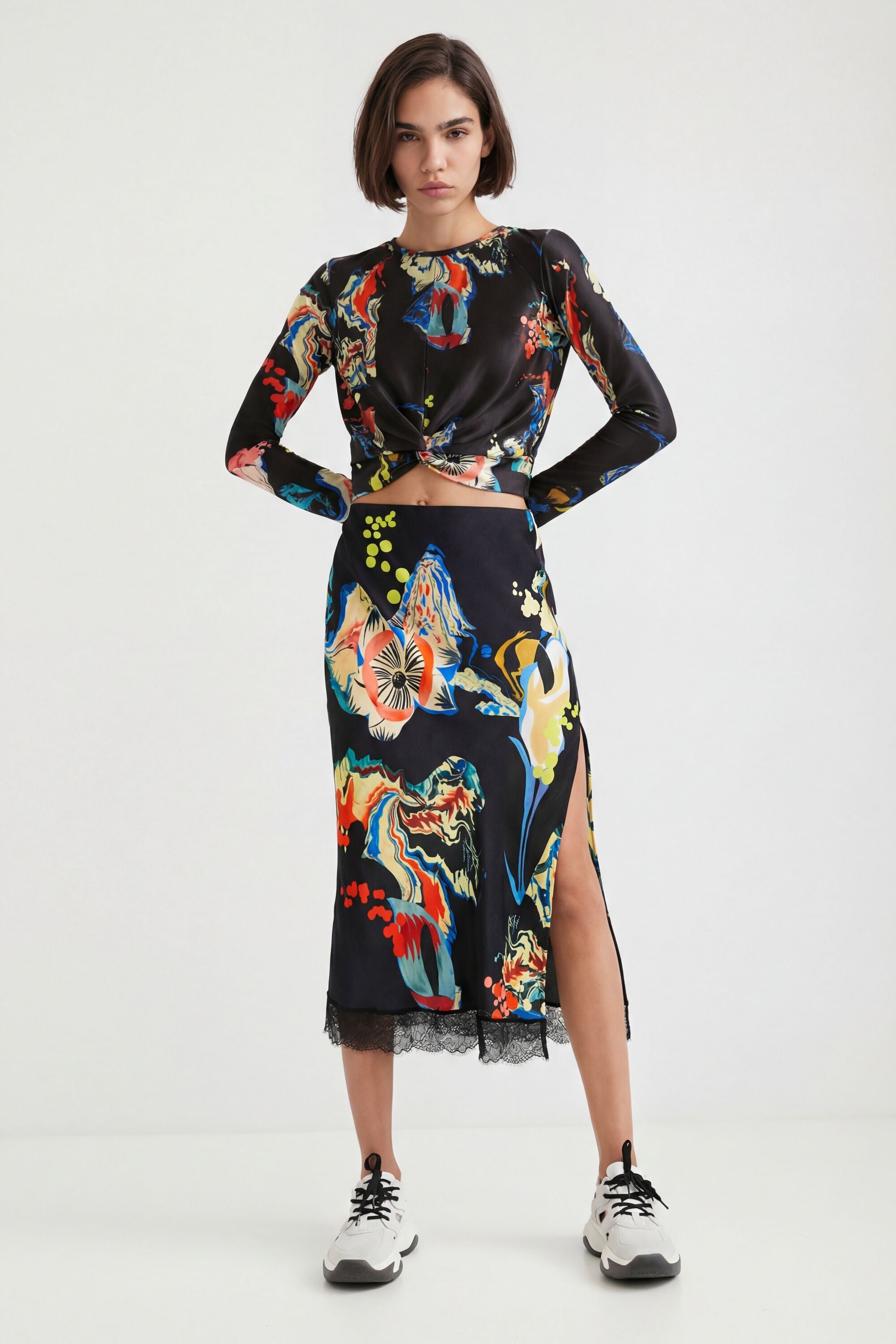 Gathered waist flowers T-shirt