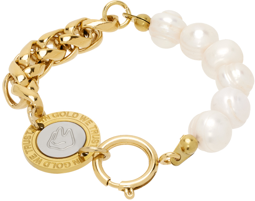 IN GOLD WE TRUST PARIS Gold Pearl & Logo Clasp Bracelet