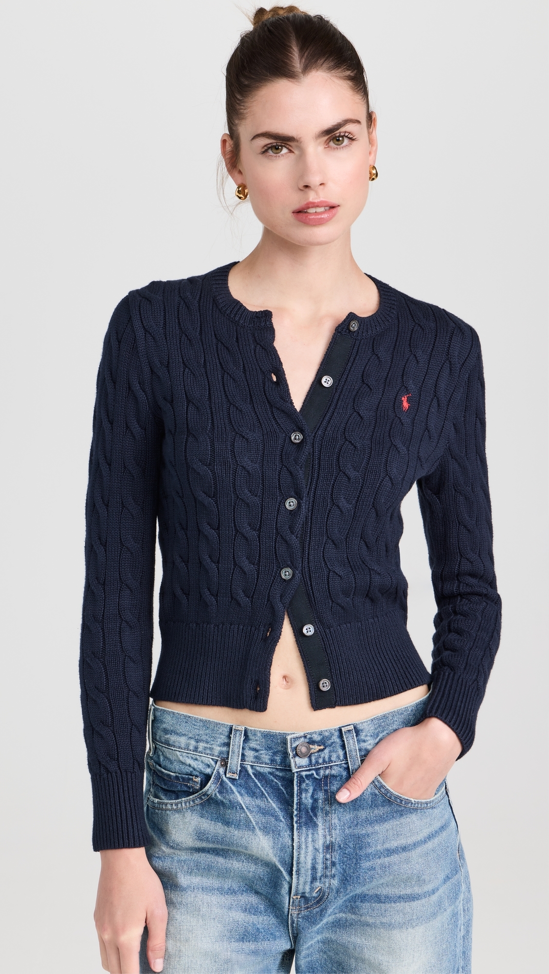 Cotton Cable Long Sleeve Cardigan Blue