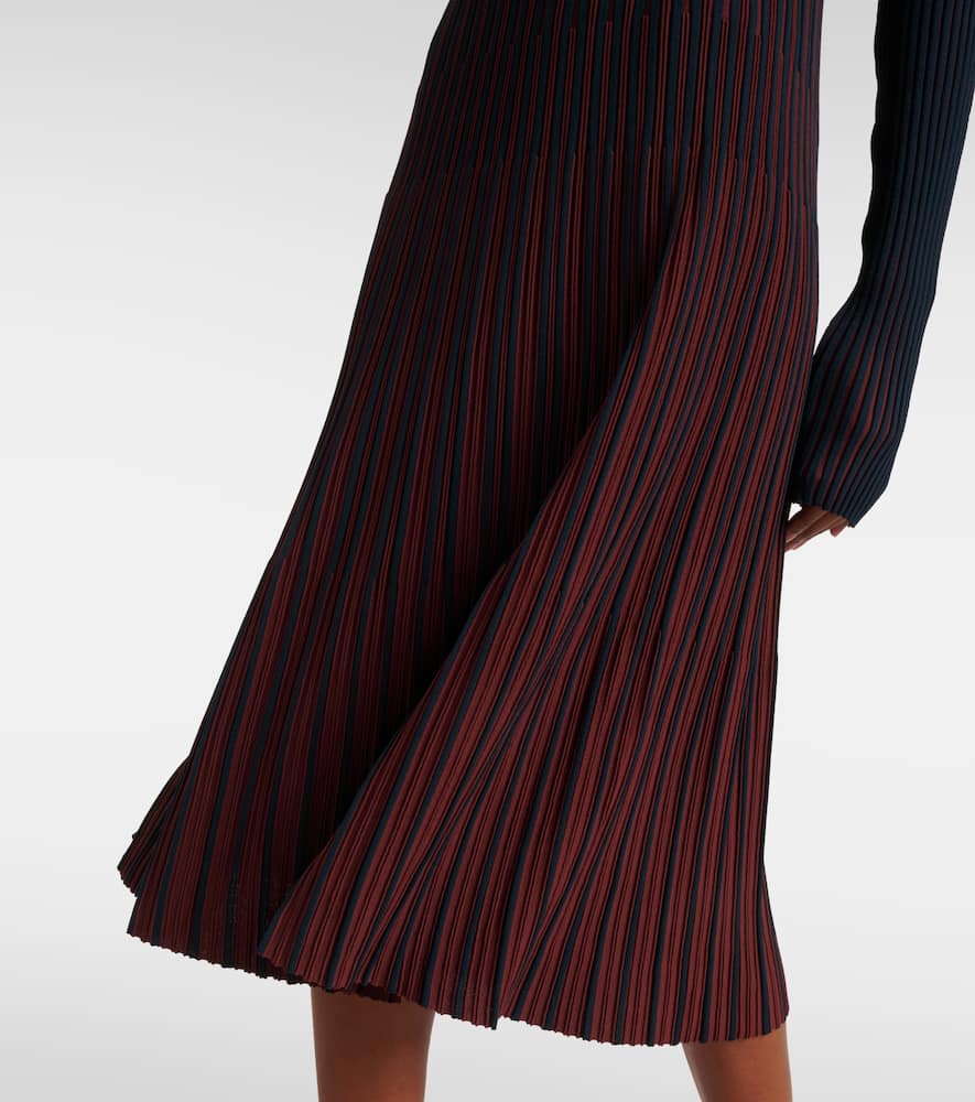Striped ribbed-knit pleated midi dress