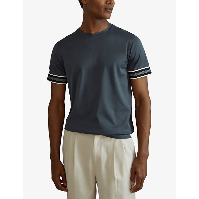 Mens Steel Blue Dune Striped-trim Cotton T-shirt XL