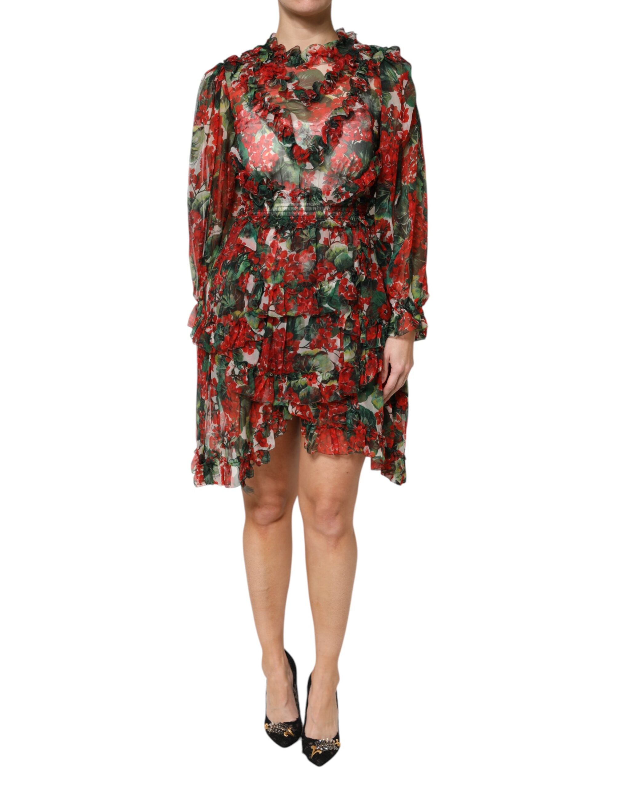 Floral Silk Ruffle Dress — Multicolor