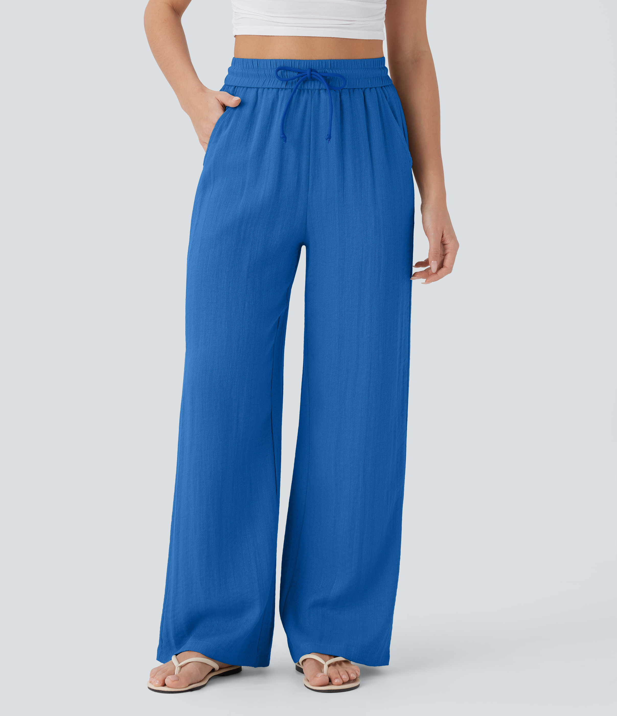 High Waisted Drawstring Pocket Wide Leg Casual Linen-Feel Pants  - Strong Blue