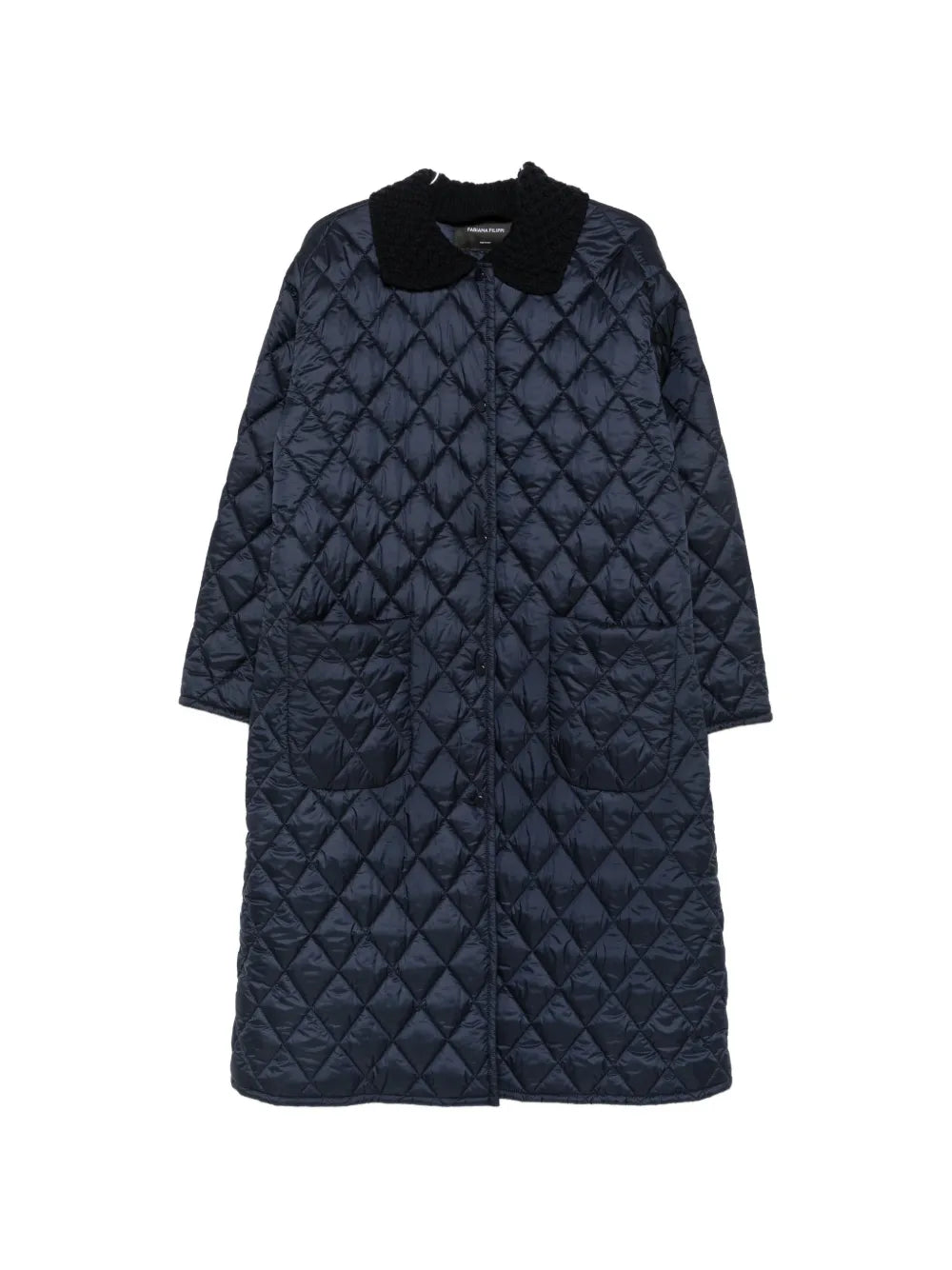 Quilted Contrast-Collar Coat — Navy