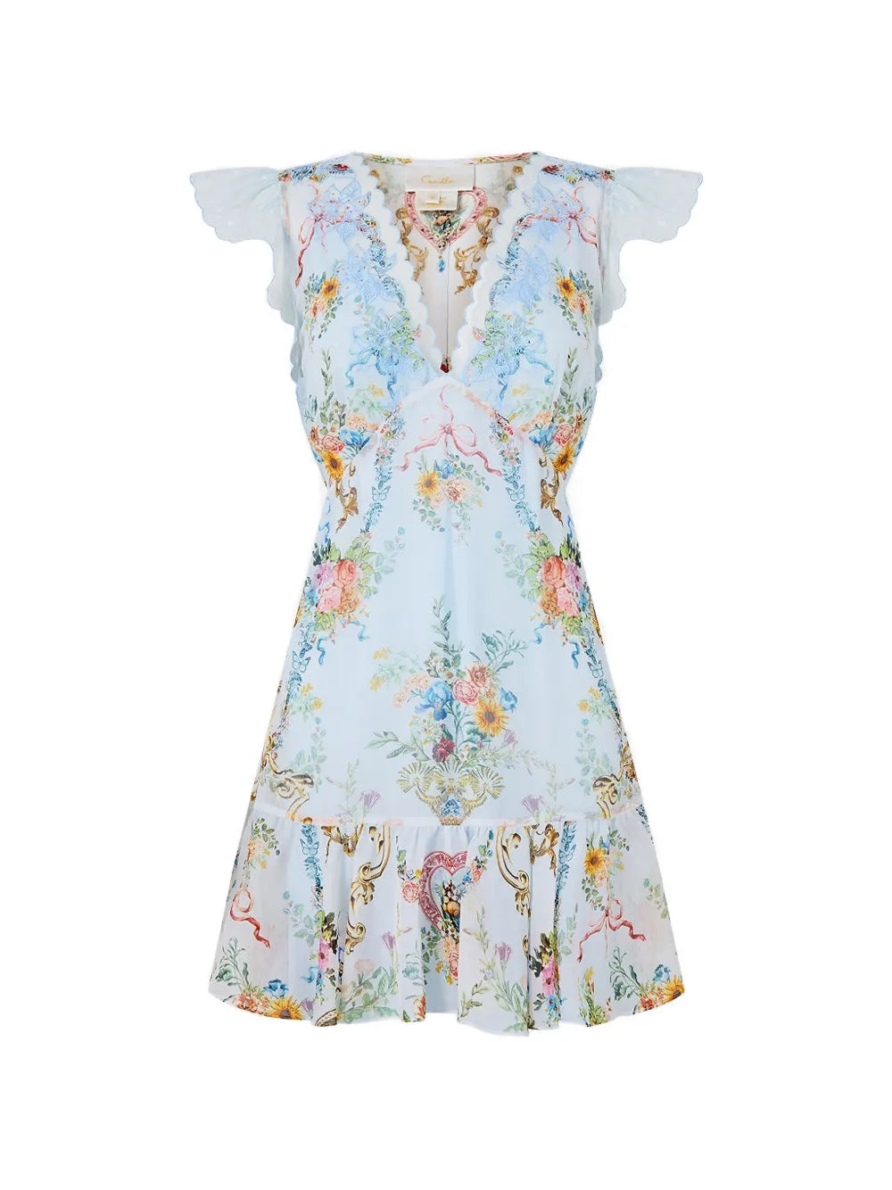 Ruffled-Sleeve Floral Print Dress — Light Blue