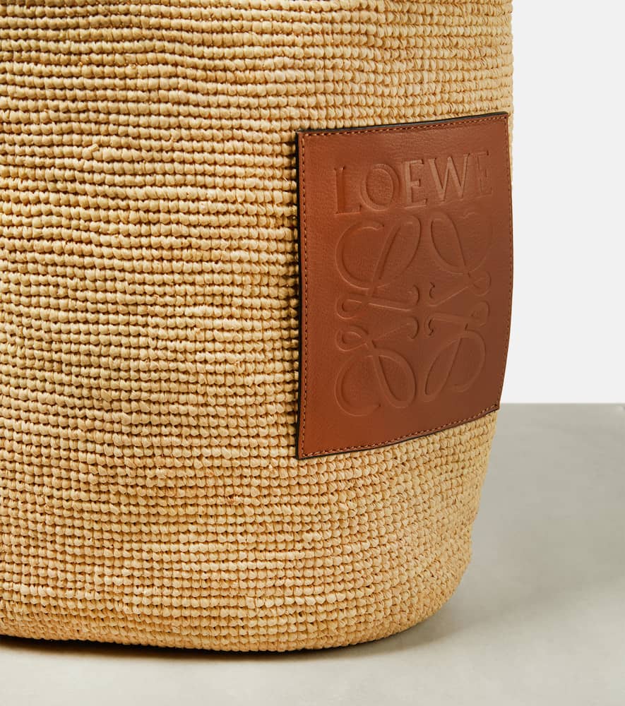 Large leather-trimmed raffia tote bag
