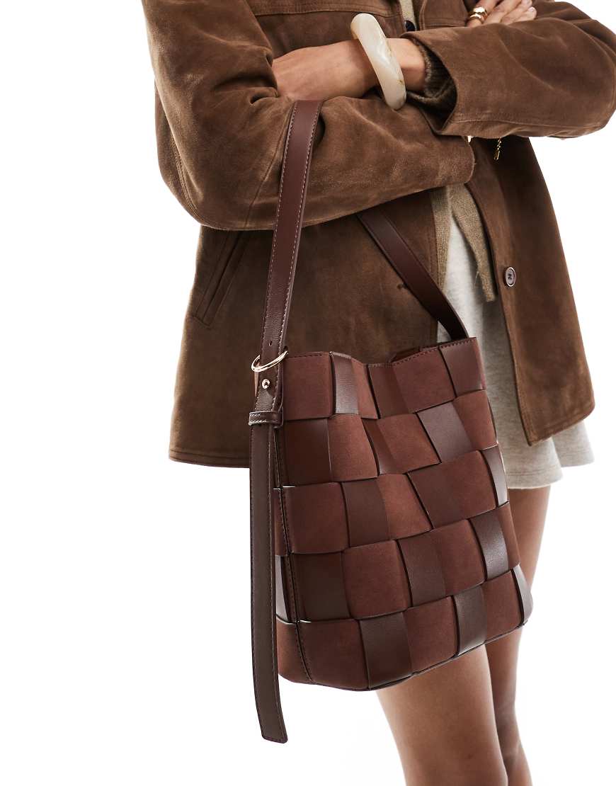 ASOS DESIGN faux suede and faux leather weave bucket tote bag in chocolate-Brown