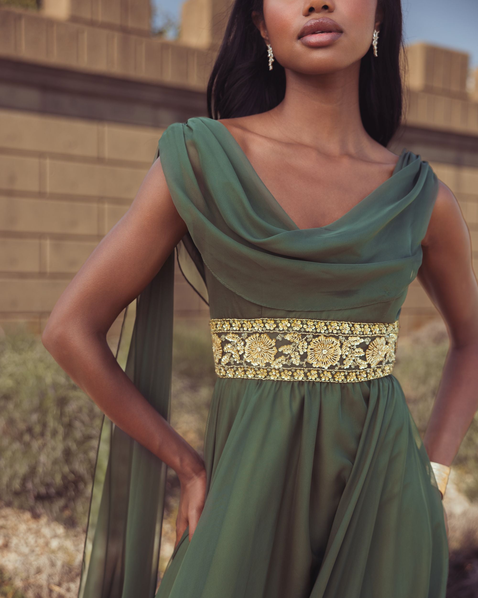 Olive Cowl Chiffon Gown With Embellished Waist