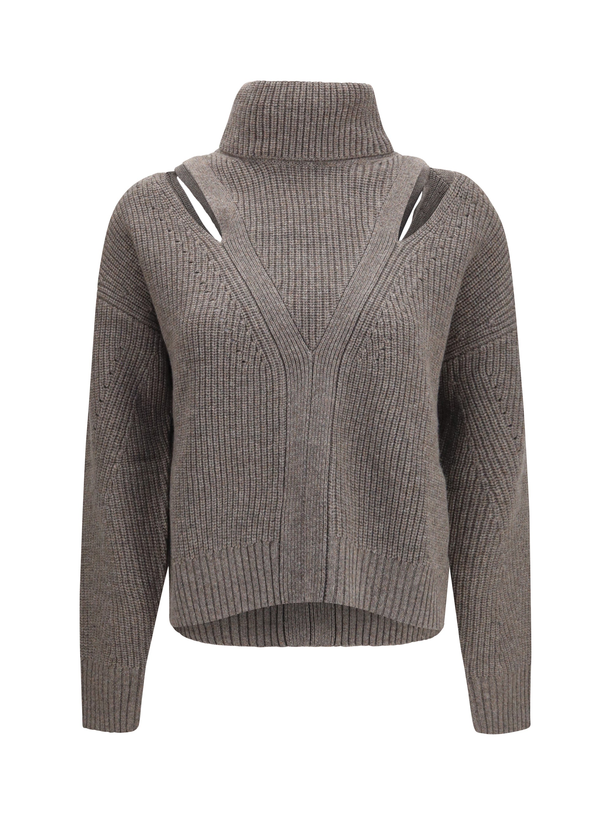 Perforated-Shoulder High-Neck Sweater — Gray