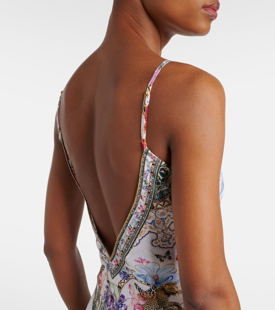 Crystal-embellished linen slip dress