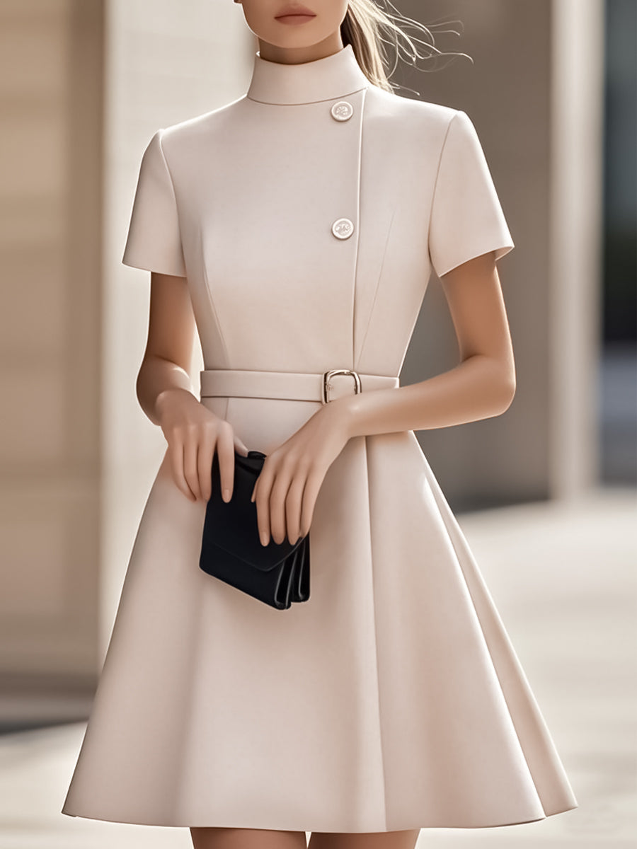 Elegant Black High-Neck Dress with Belted Waist - Ivory White