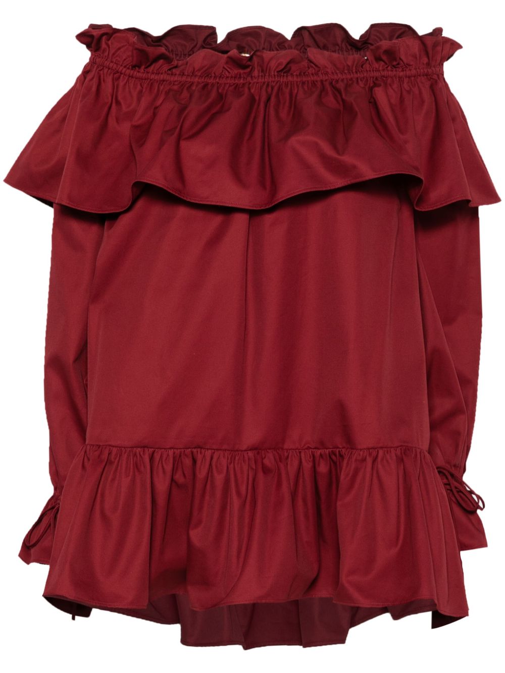 Ruffled Off-Shoulder Cotton Dress — Bordeaux